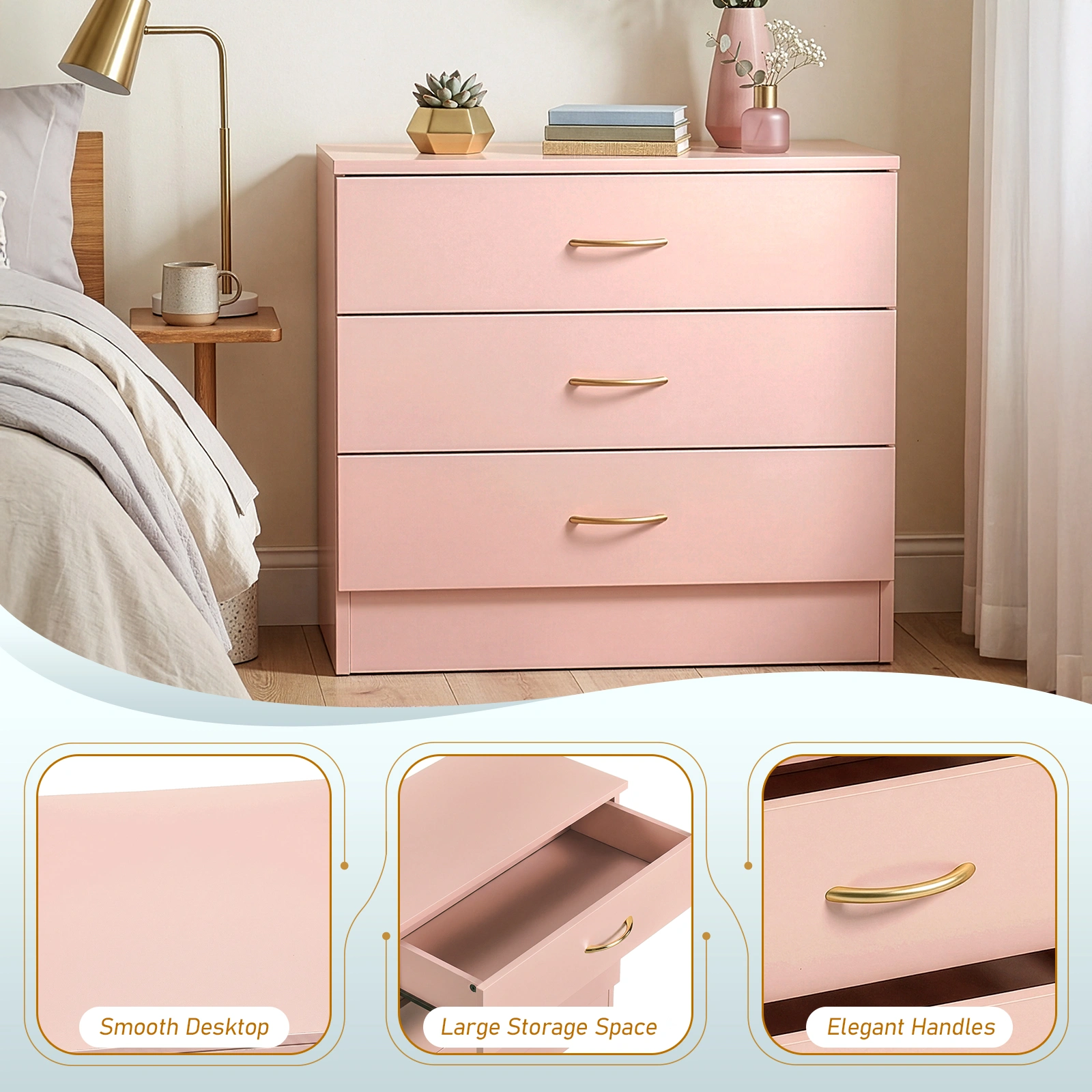 3-Drawer Dresser Chest 25.98 x 12.99 x 22.05 Inch Pink with Faux Rose Gold Handles view 7