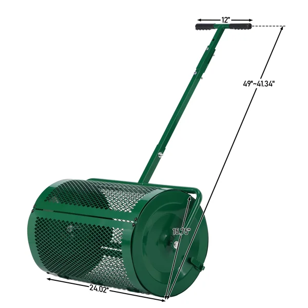 Compost Spreader with Adjustable Handle, 24" Wide, Lawn and Garden Peat Moss Roller with Side Latches, Powder Coated Steel Mesh Basket for Spreading Manure, Topsoil, Green view 2