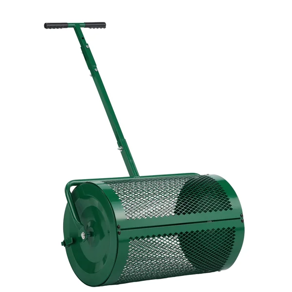 Compost Spreader with Adjustable Handle, 24" Wide, Lawn and Garden Peat Moss Roller with Side Latches, Powder Coated Steel Mesh Basket for Spreading Manure, Topsoil, Green view 3