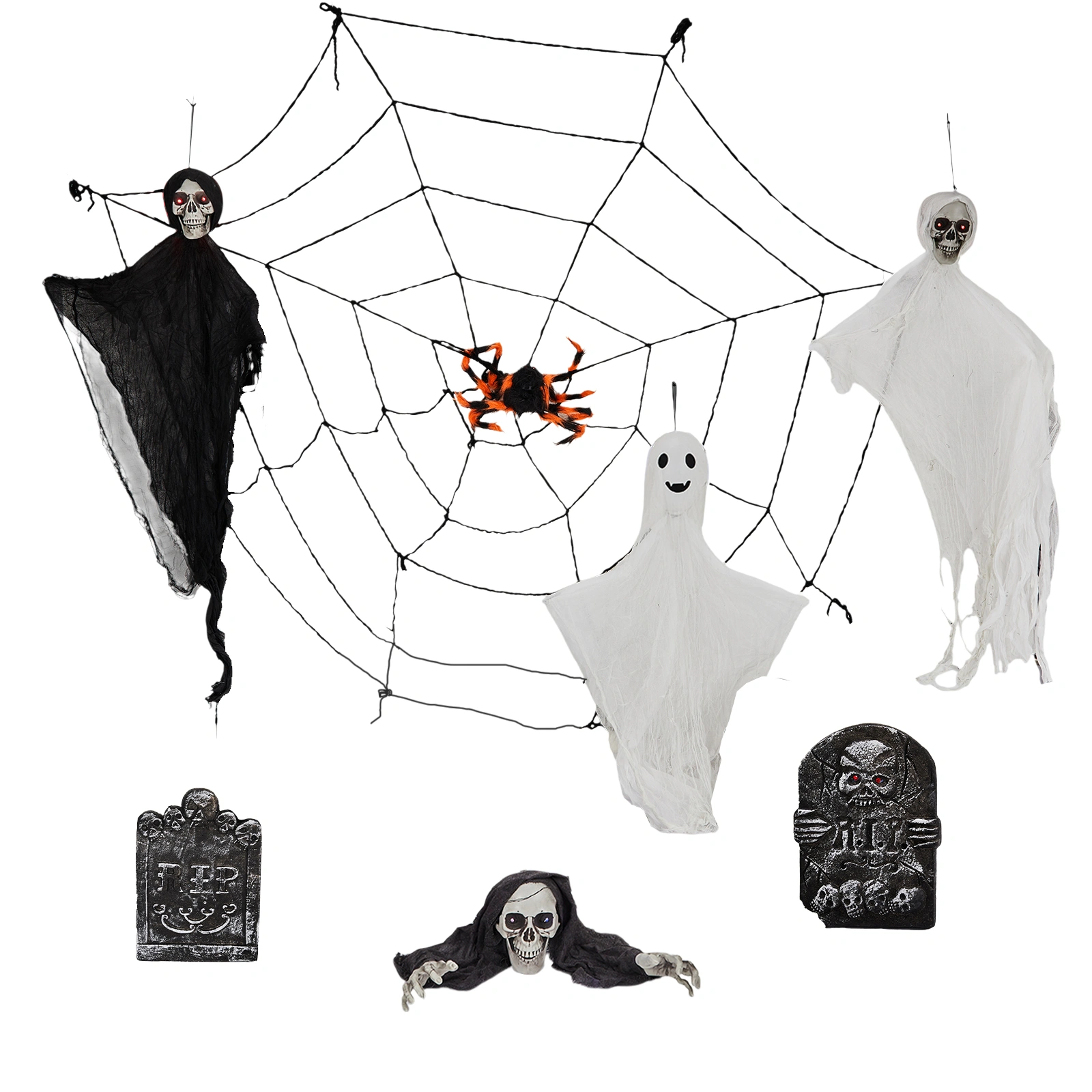 8 Piece Outdoor Halloween Decorations, Hanging Ghosts with Light Up Eyes, Swinging Ghosts, Cobwebs & Gravestones, Yard Patio Lawn Garden Scary Halloween Decor