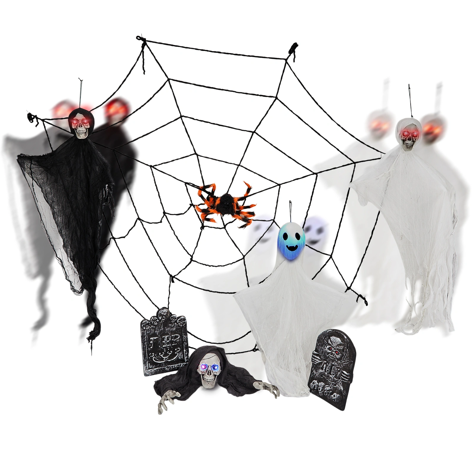 8 Piece Outdoor Halloween Decorations, Hanging Ghosts with Light Up Eyes, Swinging Ghosts, Cobwebs & Gravestones, Yard Patio Lawn Garden Scary Halloween Decor view 2