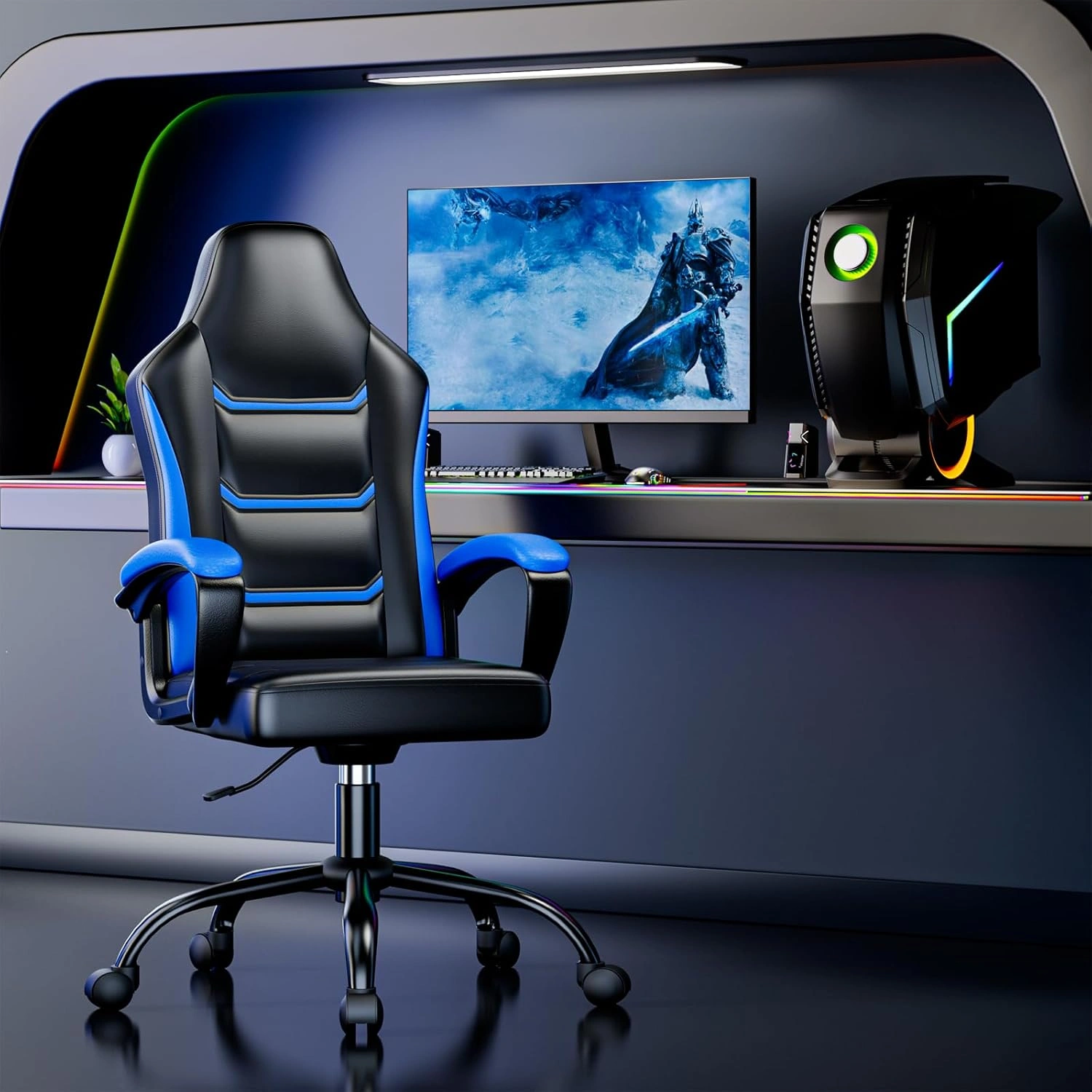 Ergonomic Gaming Chair with PU Leather, Height Adjustable Computer Chair with Wheels, High Back Recliner Chair for Adults and Teenagers view 3