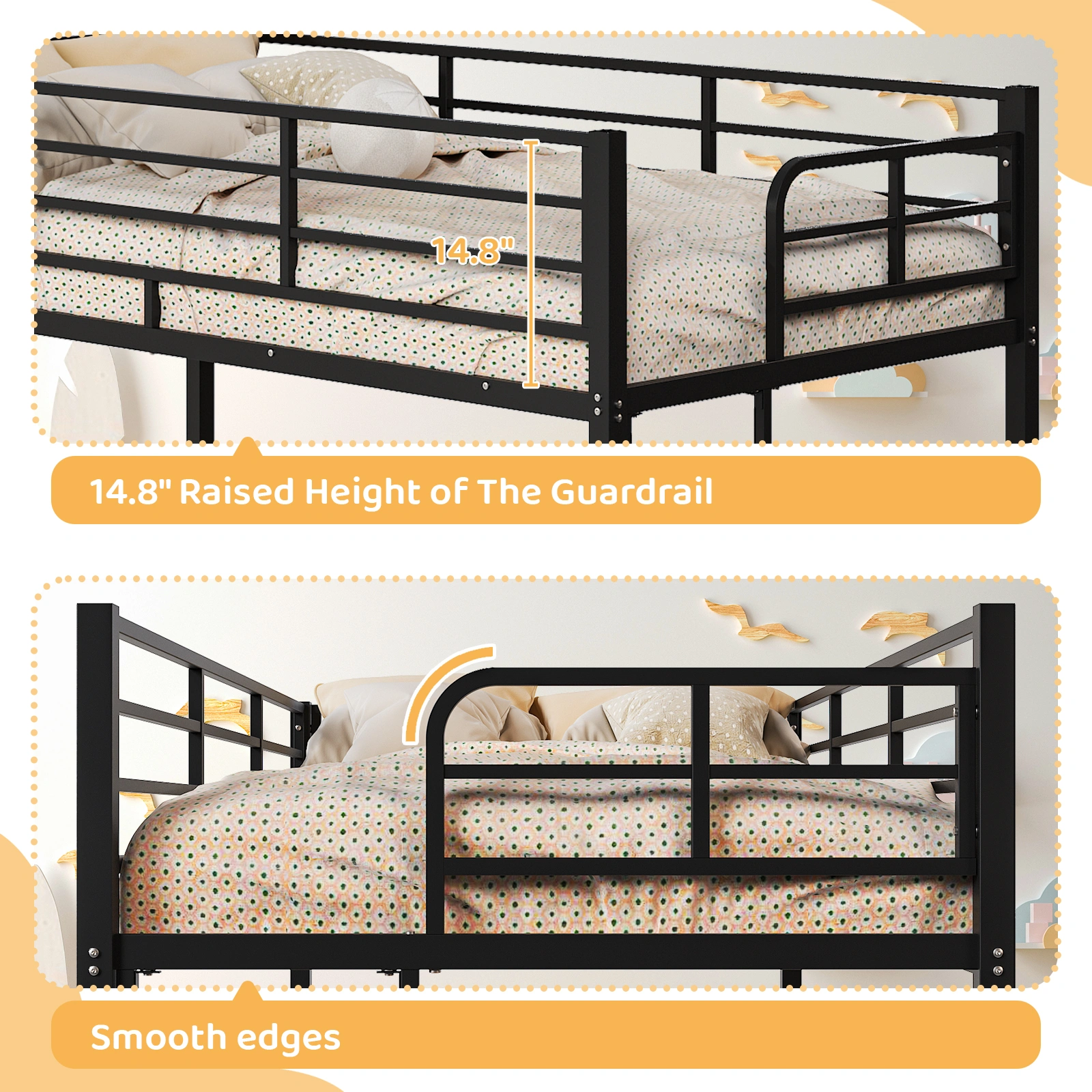 Black Twin Bunk Bed Square Tube High Guardrail Side Ladder Opening Iron Bed view 11