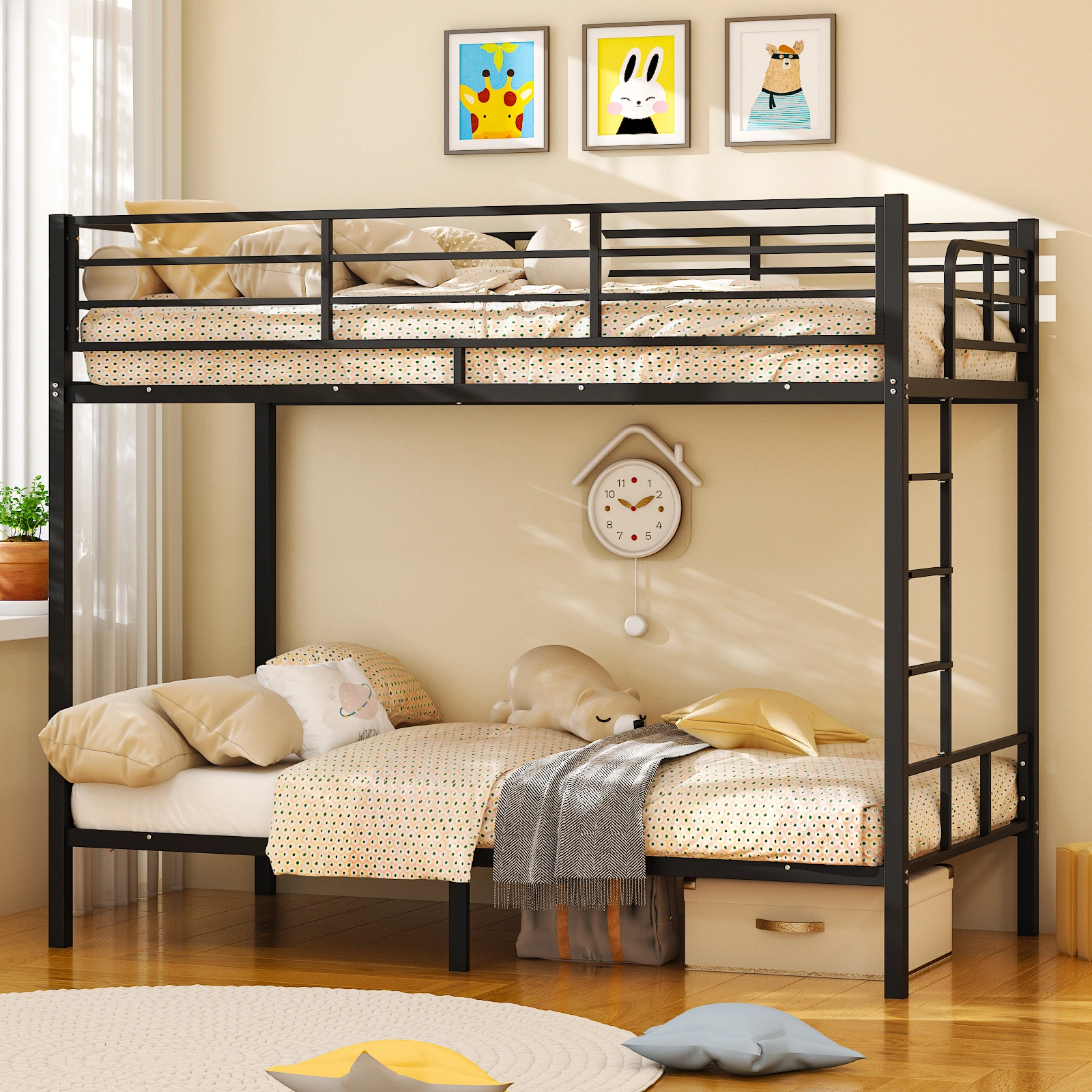 Black Twin Bunk Bed Square Tube High Guardrail Side Ladder Opening Iron Bed view 13