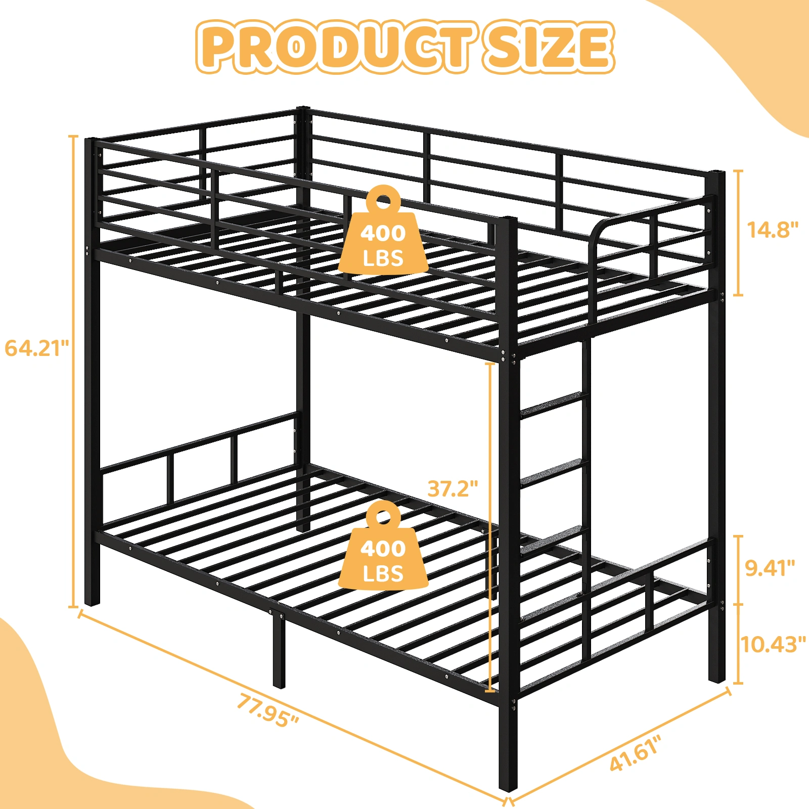 Black Twin Bunk Bed Square Tube High Guardrail Side Ladder Opening Iron Bed view 7