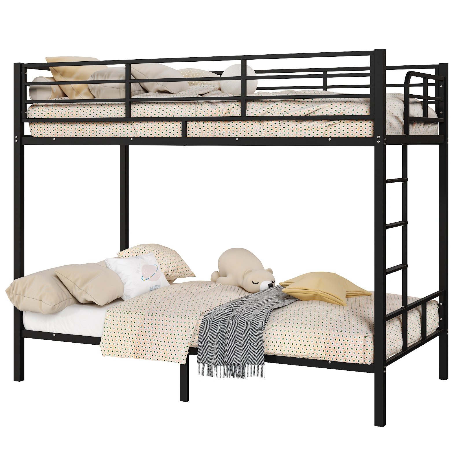 Black Twin Bunk Bed Square Tube High Guardrail Side Ladder Opening Iron Bed view 8