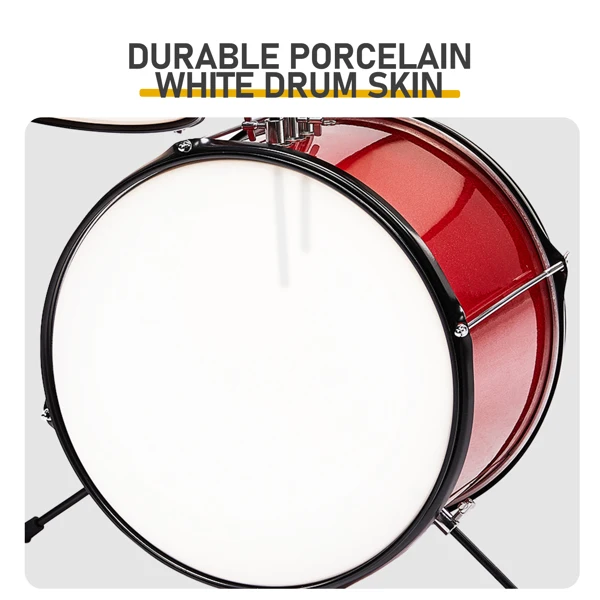 14"x10" 3-Pieces Junior Kids Drum Set Kit Pedal Drum Stick Wrench Drum Stool Red view 3