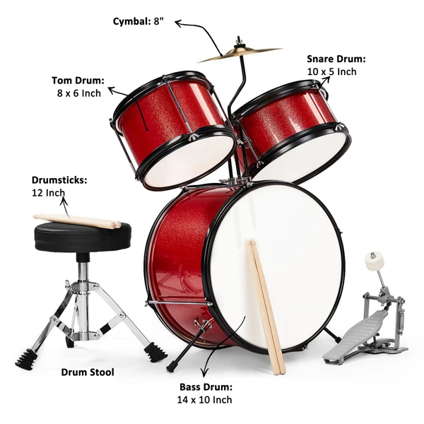 14"x10" 3-Pieces Junior Kids Drum Set Kit Pedal Drum Stick Wrench Drum Stool Red view 4