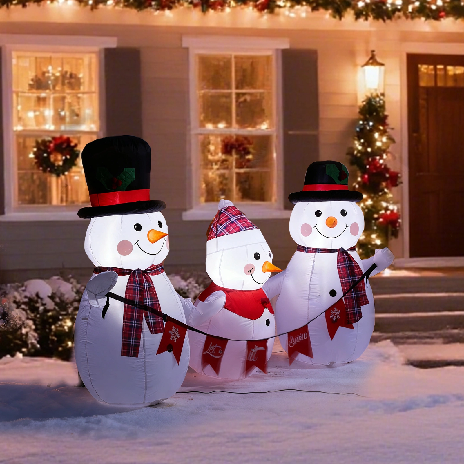 6.2FT Lighted Christmas Inflatable Decoration, Inflatable Snowman Family with Bunting, Blow Up Yard Decor with LED Lights for Holiday Party Front Lawn