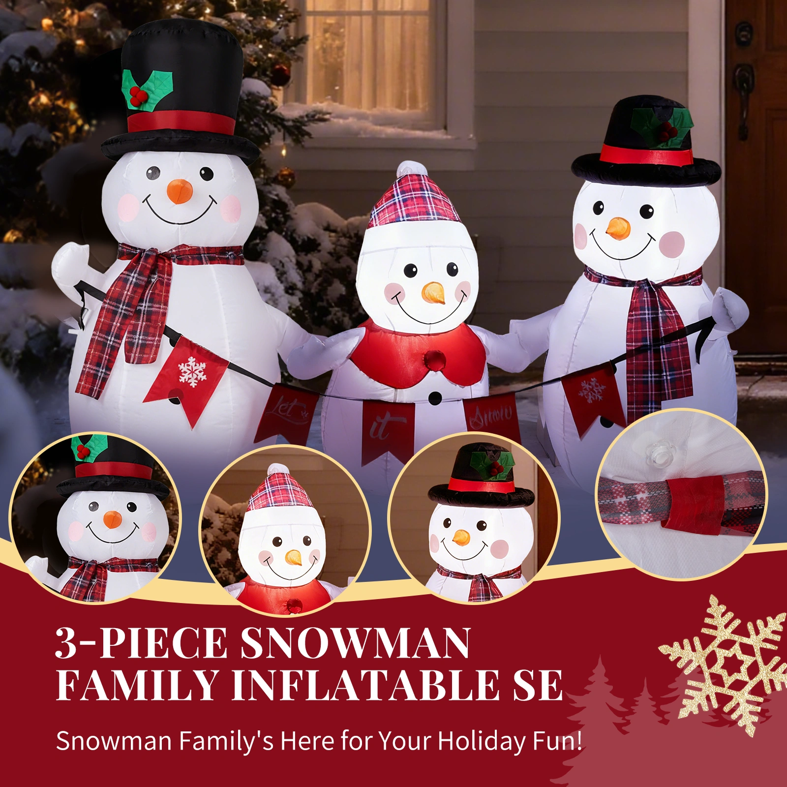6.2FT Lighted Christmas Inflatable Decoration, Inflatable Snowman Family with Bunting, Blow Up Yard Decor with LED Lights for Holiday Party Front Lawn view 10