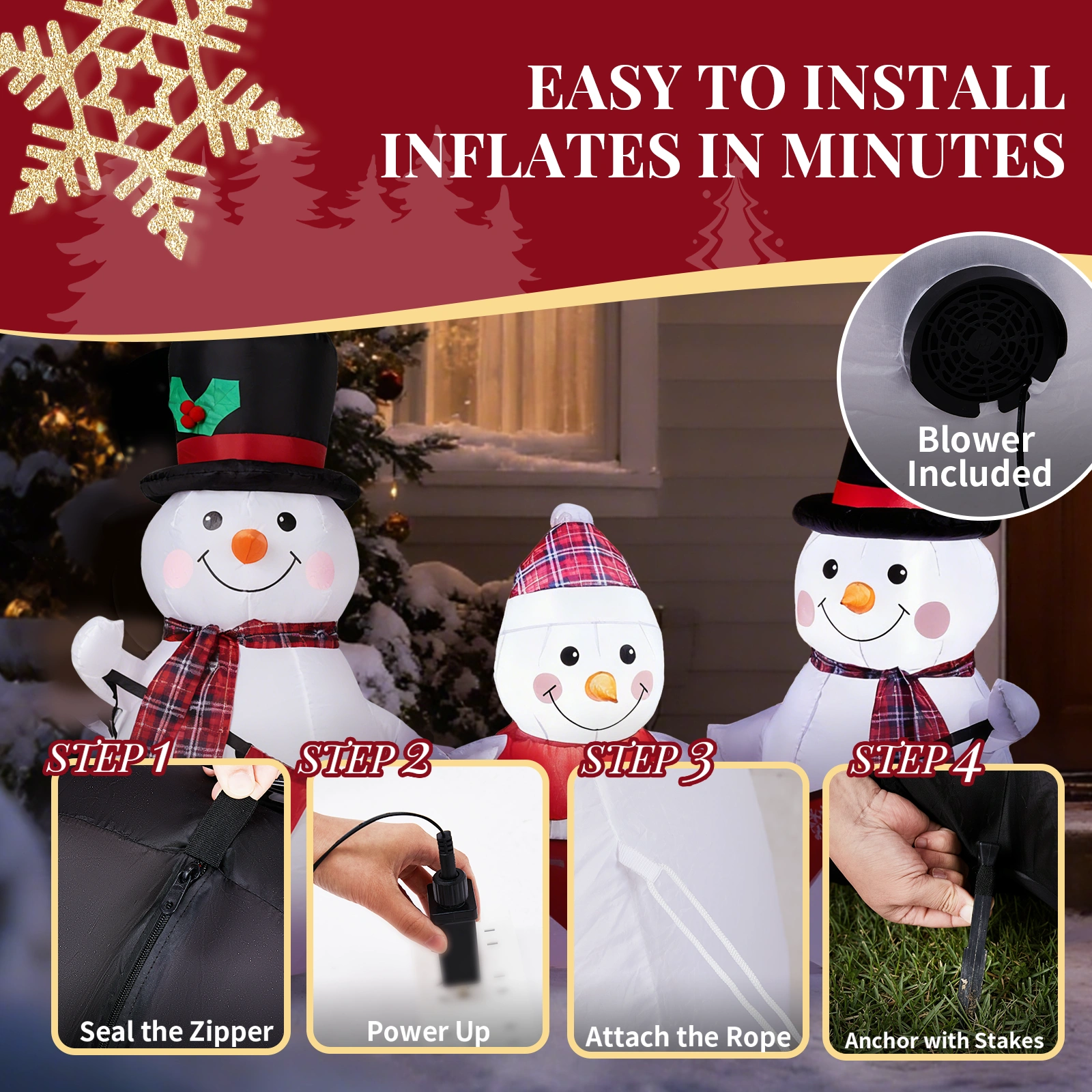 6.2FT Lighted Christmas Inflatable Decoration, Inflatable Snowman Family with Bunting, Blow Up Yard Decor with LED Lights for Holiday Party Front Lawn view 7