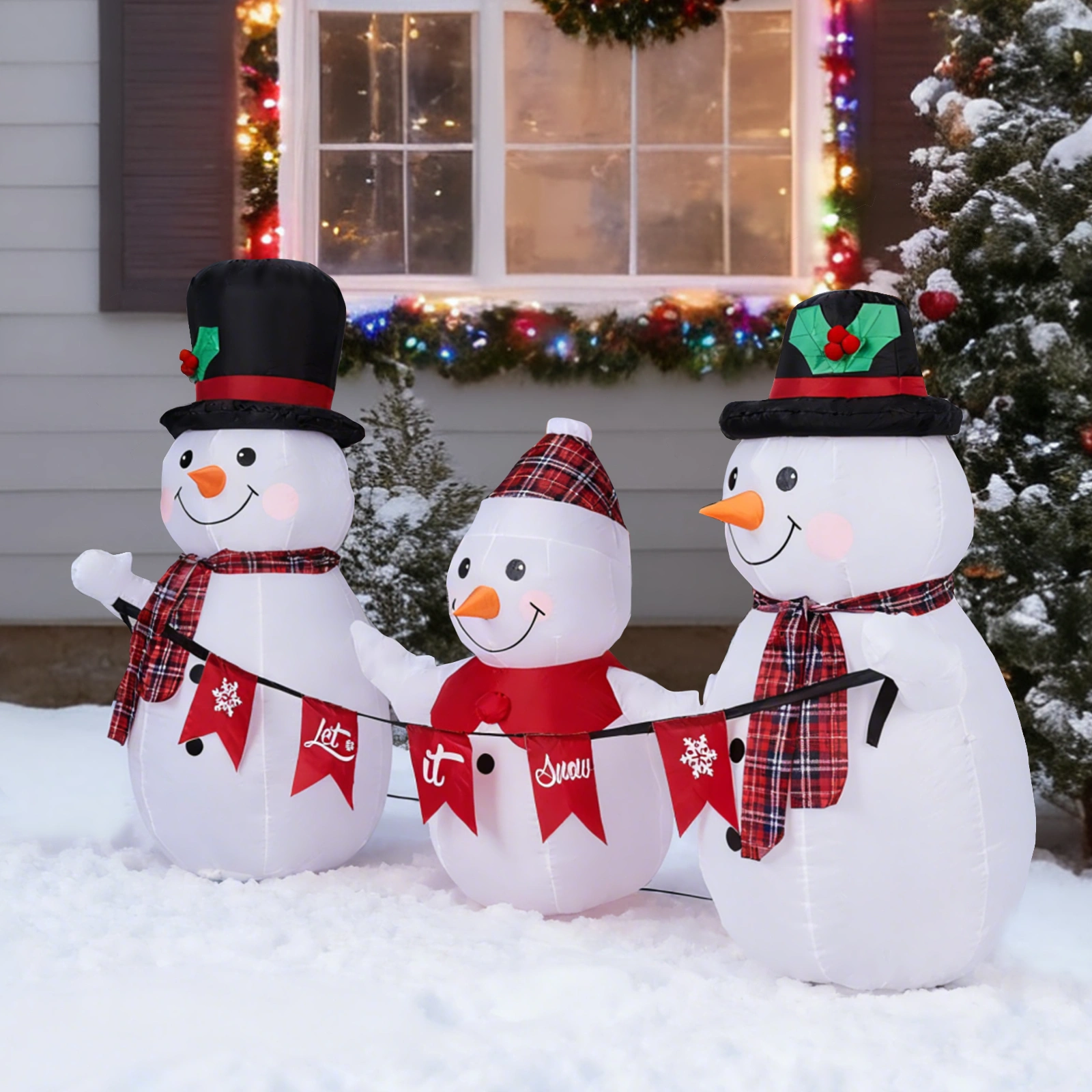 6.2FT Lighted Christmas Inflatable Decoration, Inflatable Snowman Family with Bunting, Blow Up Yard Decor with LED Lights for Holiday Party Front Lawn view 8