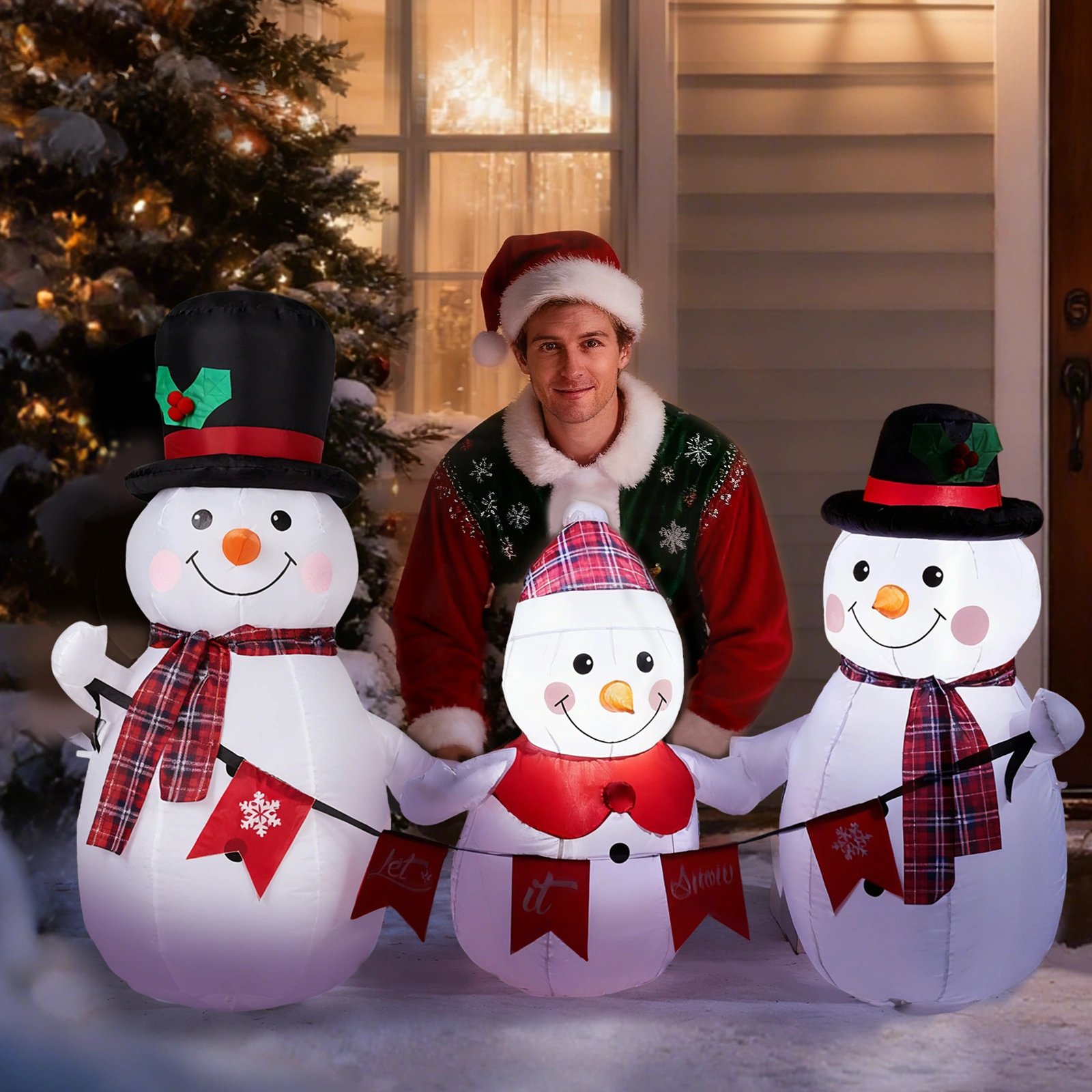 6.2FT Lighted Christmas Inflatable Decoration, Inflatable Snowman Family with Bunting, Blow Up Yard Decor with LED Lights for Holiday Party Front Lawn view 9