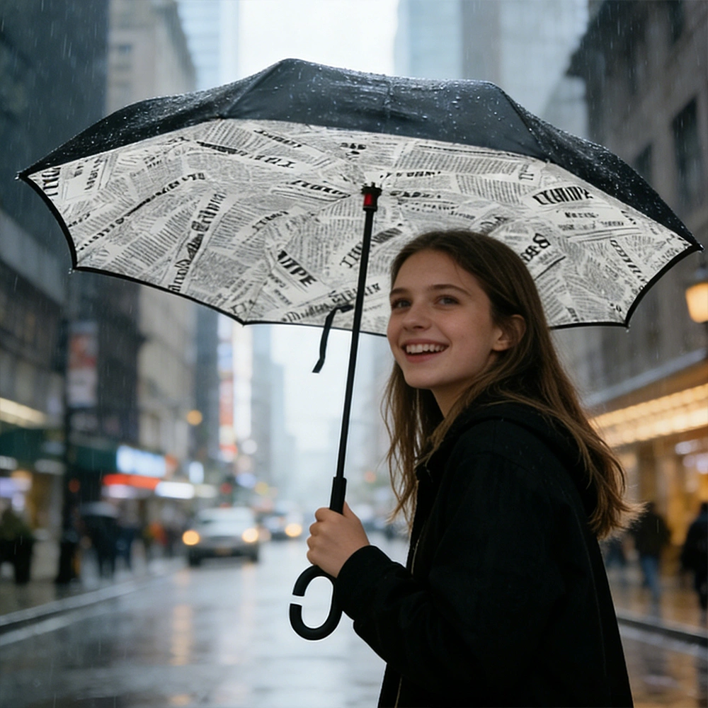 Double Layer Inverted Umbrella for Cars, Reverse Open Windproof UV Protection, Newspaper Pattern Large Self Standing Straight Umbrella with C Handle