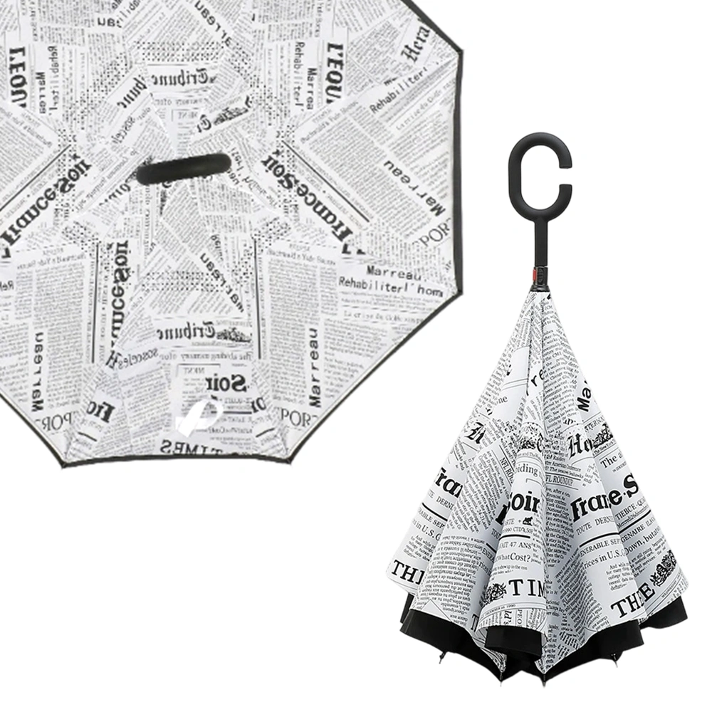 Double Layer Inverted Umbrella for Cars, Reverse Open Windproof UV Protection, Newspaper Pattern Large Self Standing Straight Umbrella with C Handle view 3