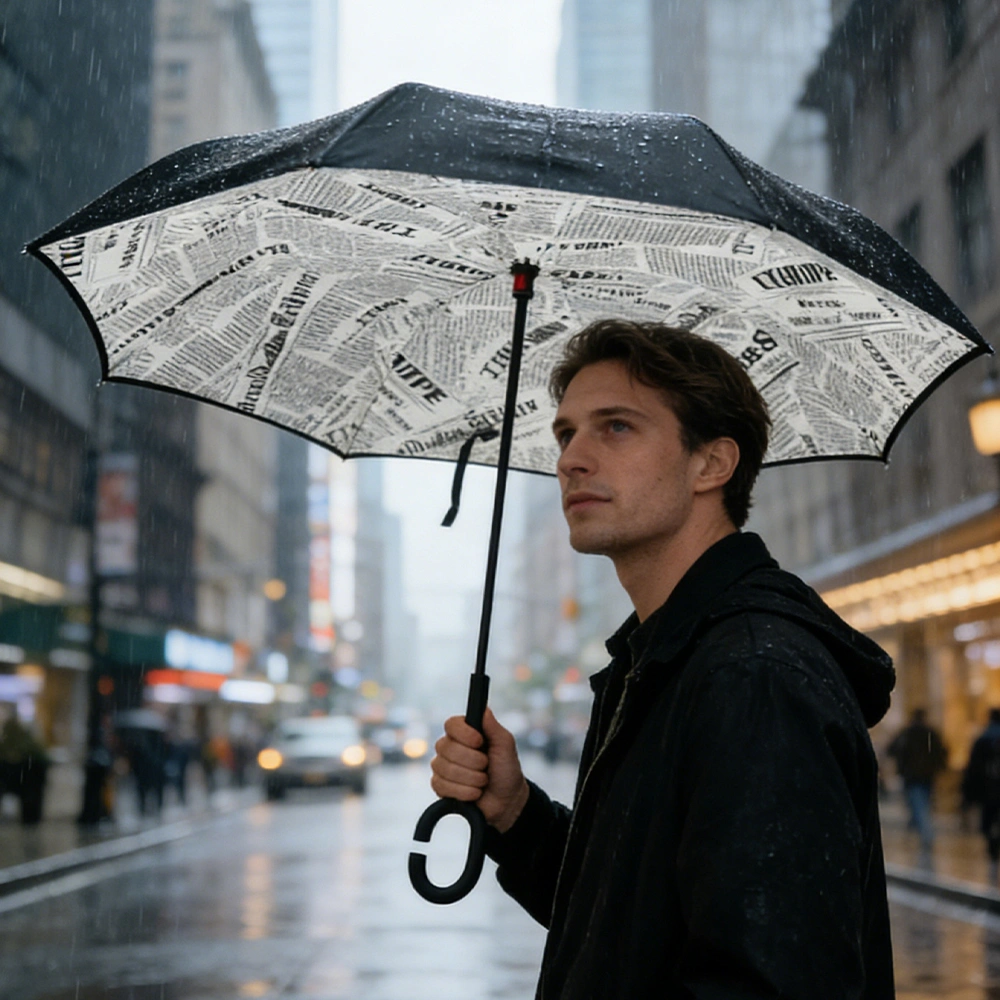 Double Layer Inverted Umbrella for Cars, Reverse Open Windproof UV Protection, Newspaper Pattern Large Self Standing Straight Umbrella with C Handle view 5