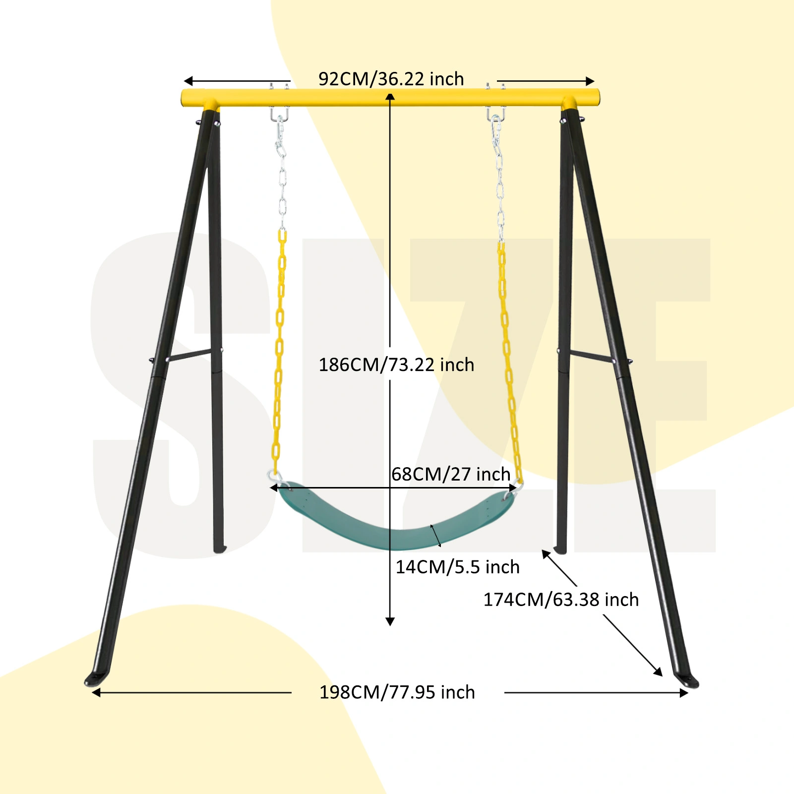 Children Outdoor Metal Garden Swing, Heavy Duty A-Frame Porch Swing Stand with Seat, Yoga Hammock Swing, Yellow view 2