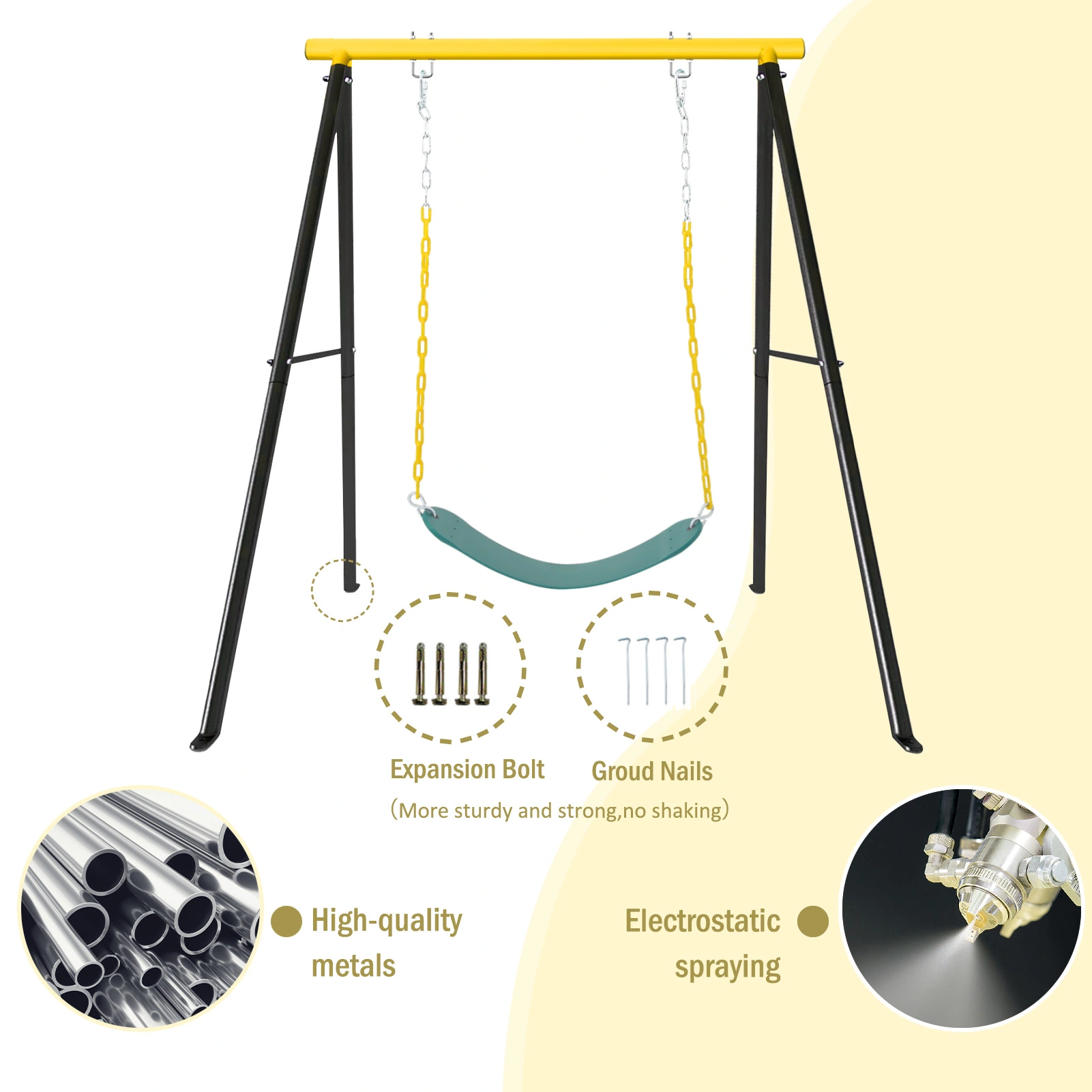 Children Outdoor Metal Garden Swing, Heavy Duty A-Frame Porch Swing Stand with Seat, Yoga Hammock Swing, Yellow view 3