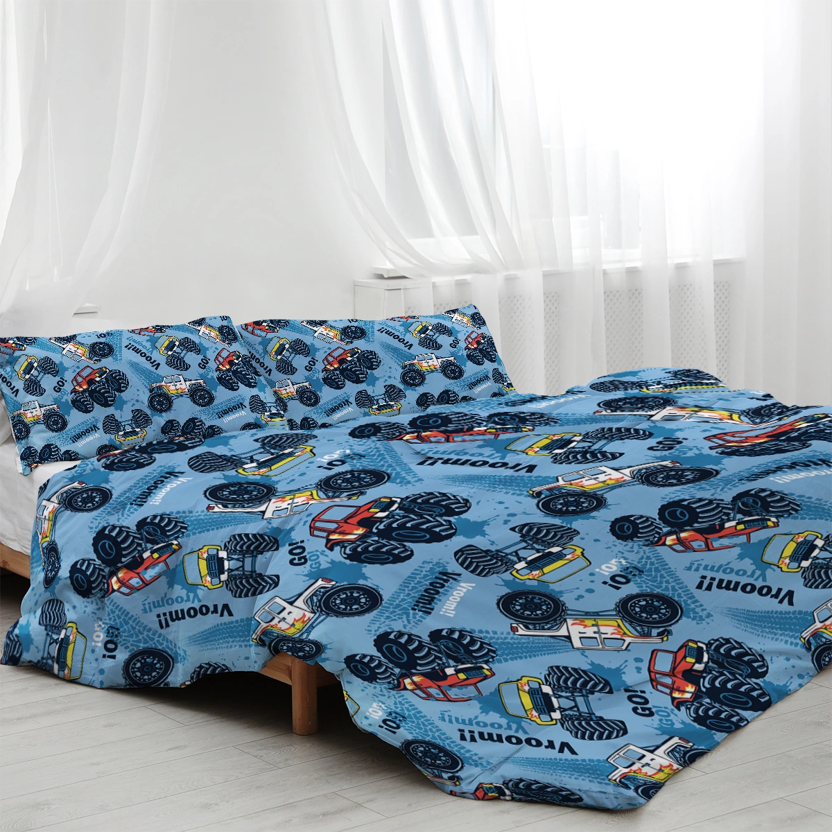 Kids Monster Truck Duvet Cover Set Single - 3-Piece Brushed Microfiber Bedding for Boys Teens, Cute Vehicle Print Quilt Cover view 2