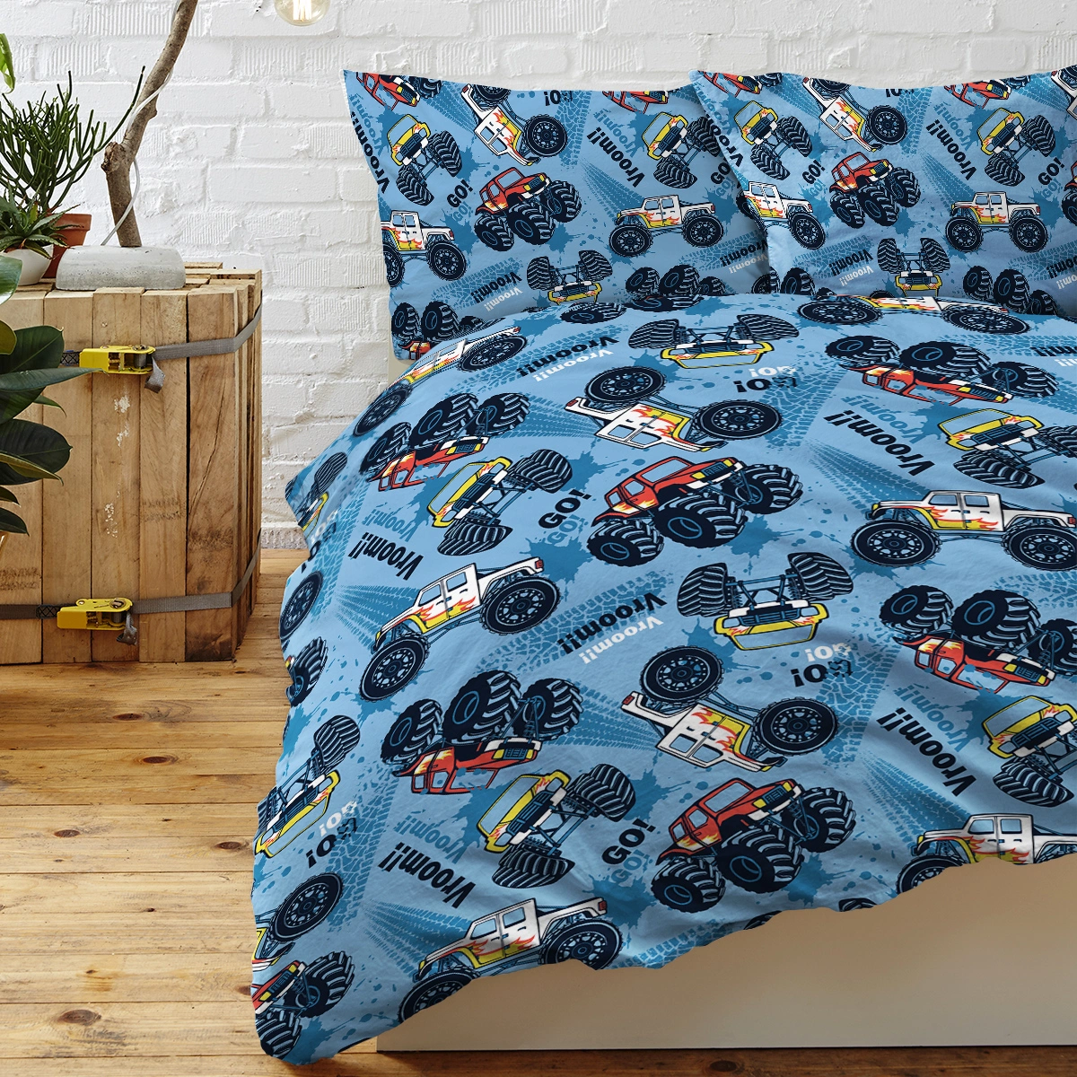 Kids Monster Truck Duvet Cover Set Single - 3-Piece Brushed Microfiber Bedding for Boys Teens, Cute Vehicle Print Quilt Cover view 3
