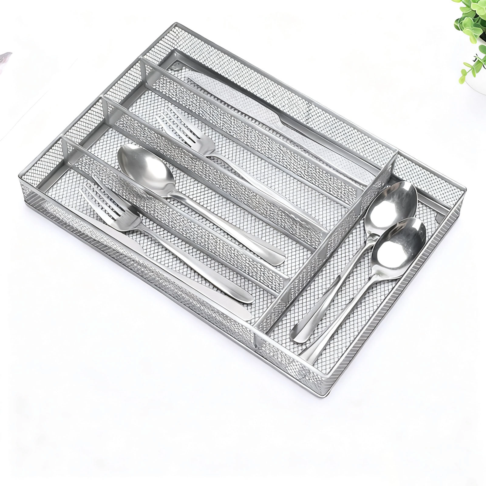 Carbon Steel Cutlery Drawer Organizer with Anti-Slip Foam Pads, Silver Flatware & Spoon Fork Storage Divider for Kitchen view 2