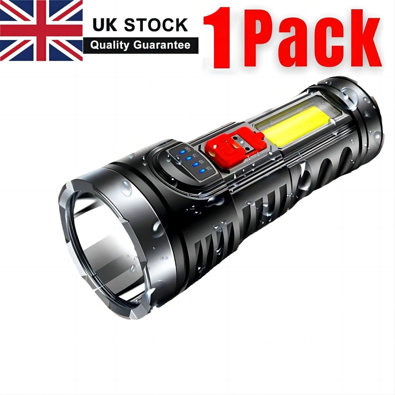 USB Rechargeable LED Flashlight, 4-Mode Camping Hiking Torch, Work Light for Outdoor