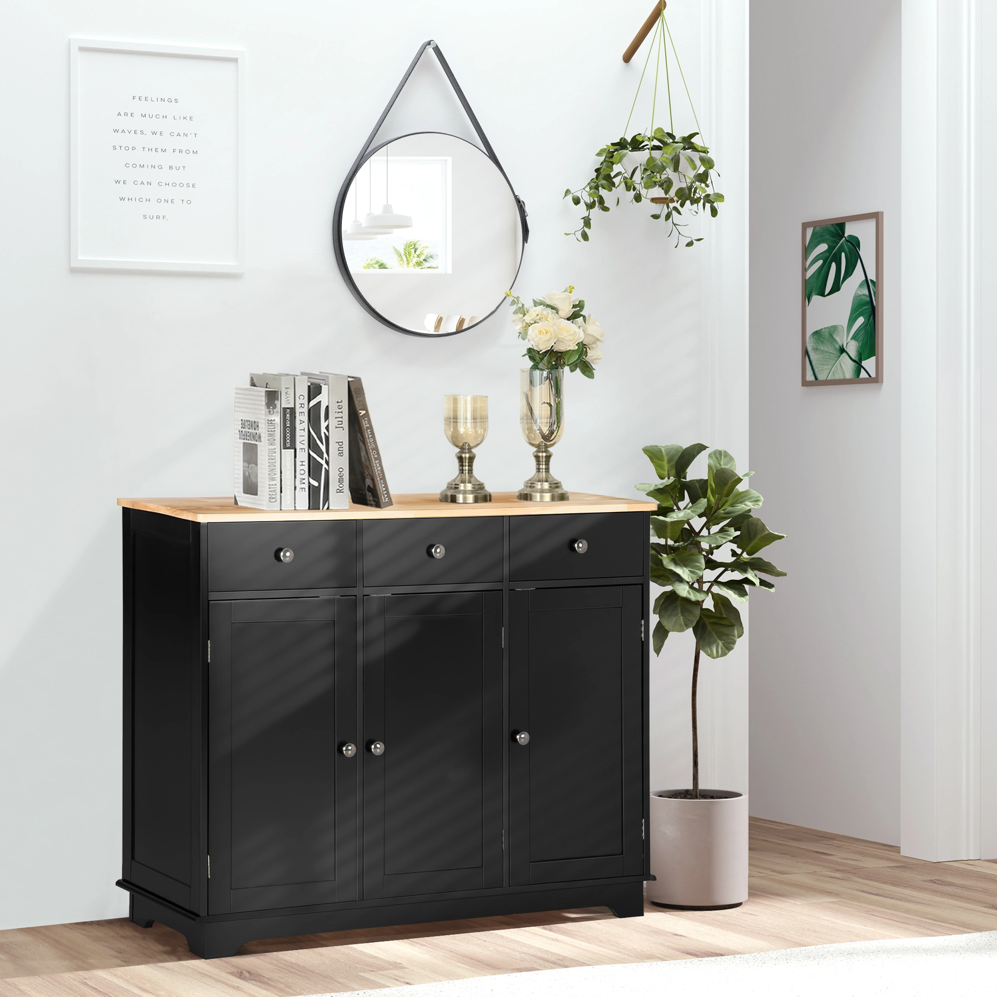 Kitchen Storage Cabinet with Doors, Freestanding Cupboard, 23.6" W x 13.8" D x 35.4" H, Wood Finish, Countertop Organizer, Black