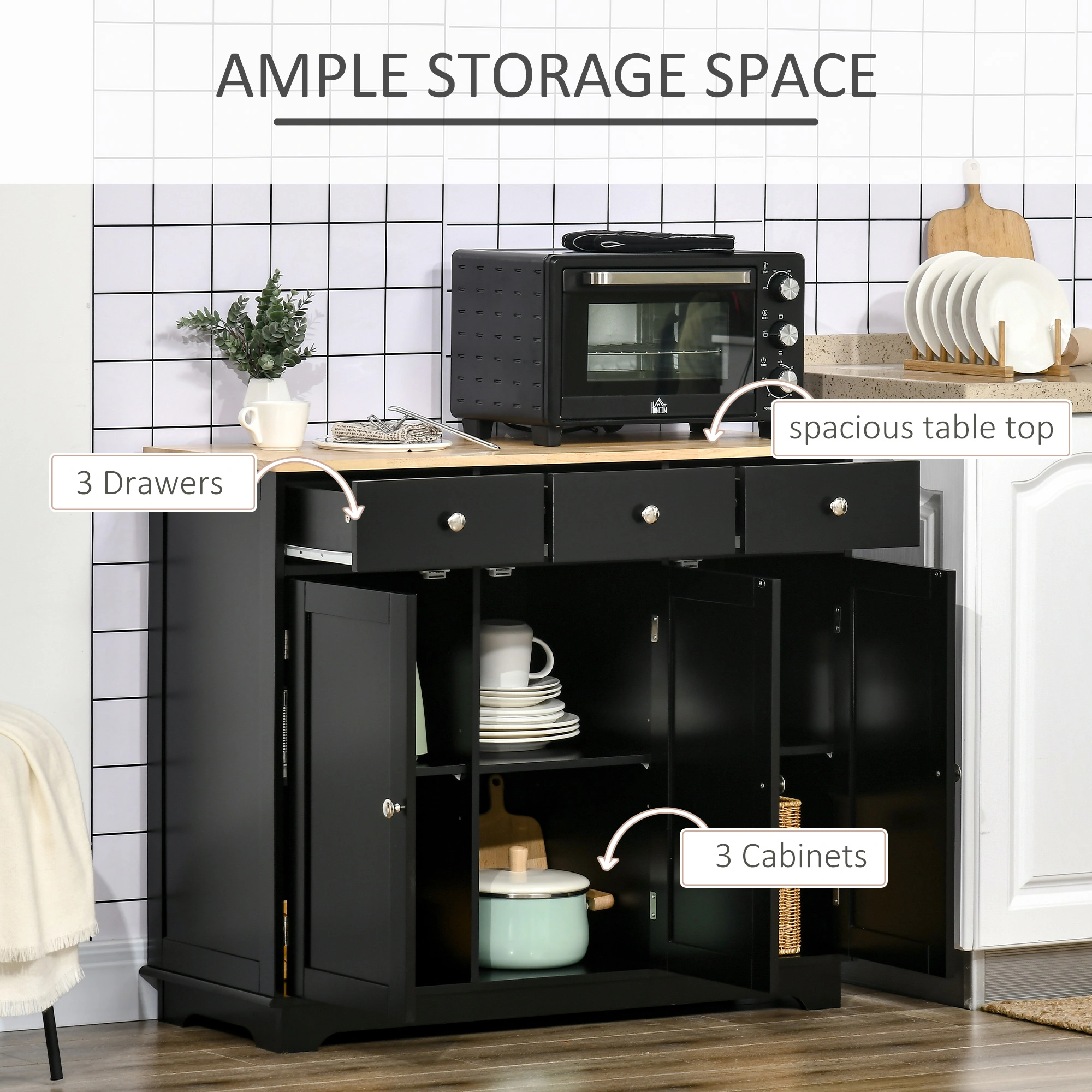 Kitchen Storage Cabinet with Doors, Freestanding Cupboard, 23.6" W x 13.8" D x 35.4" H, Wood Finish, Countertop Organizer, Black view 3
