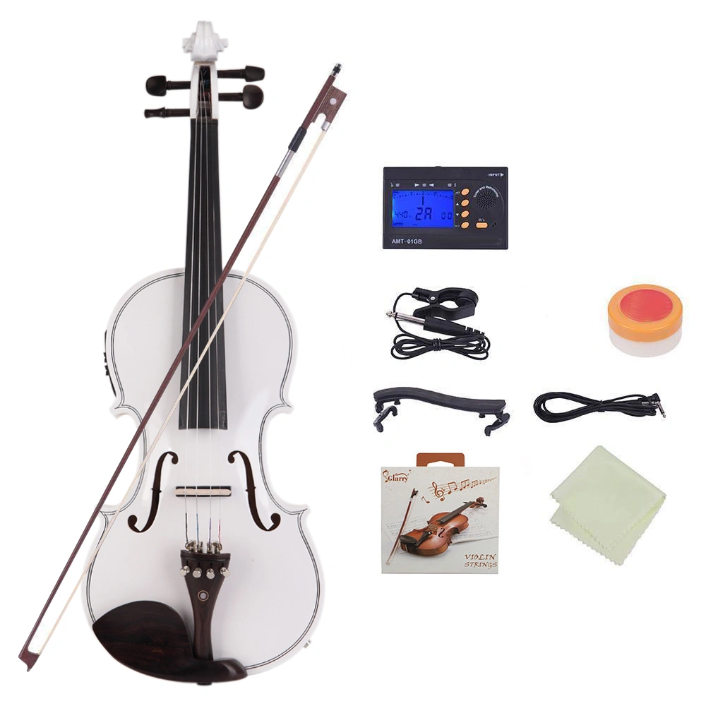 GV102 4/4 Solid Wood Violin Case Bundle with Bow, Strings, Shoulder Rest, Electronic Tuner, Cleaning Cloth - White