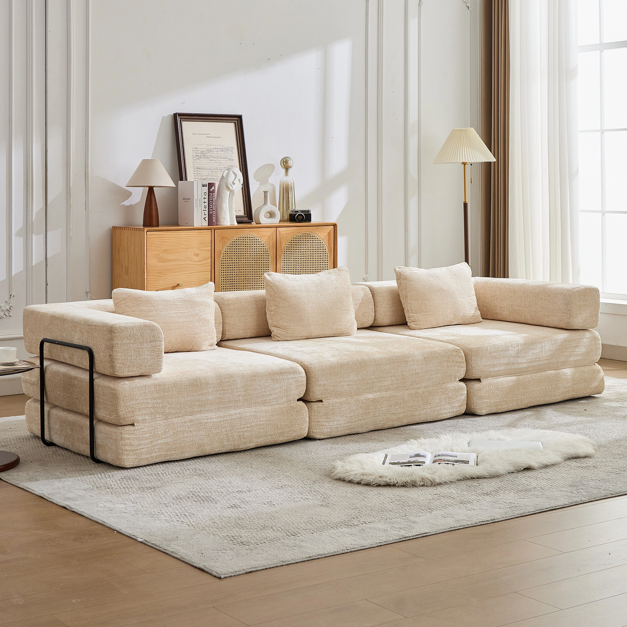 Compressible Floor Sofa Bed, Convertible Sectional with Fixed Frame, Boneless Modular Couch, Chenille Fabric, Beige, No Assembly, Living Room Bedroom
