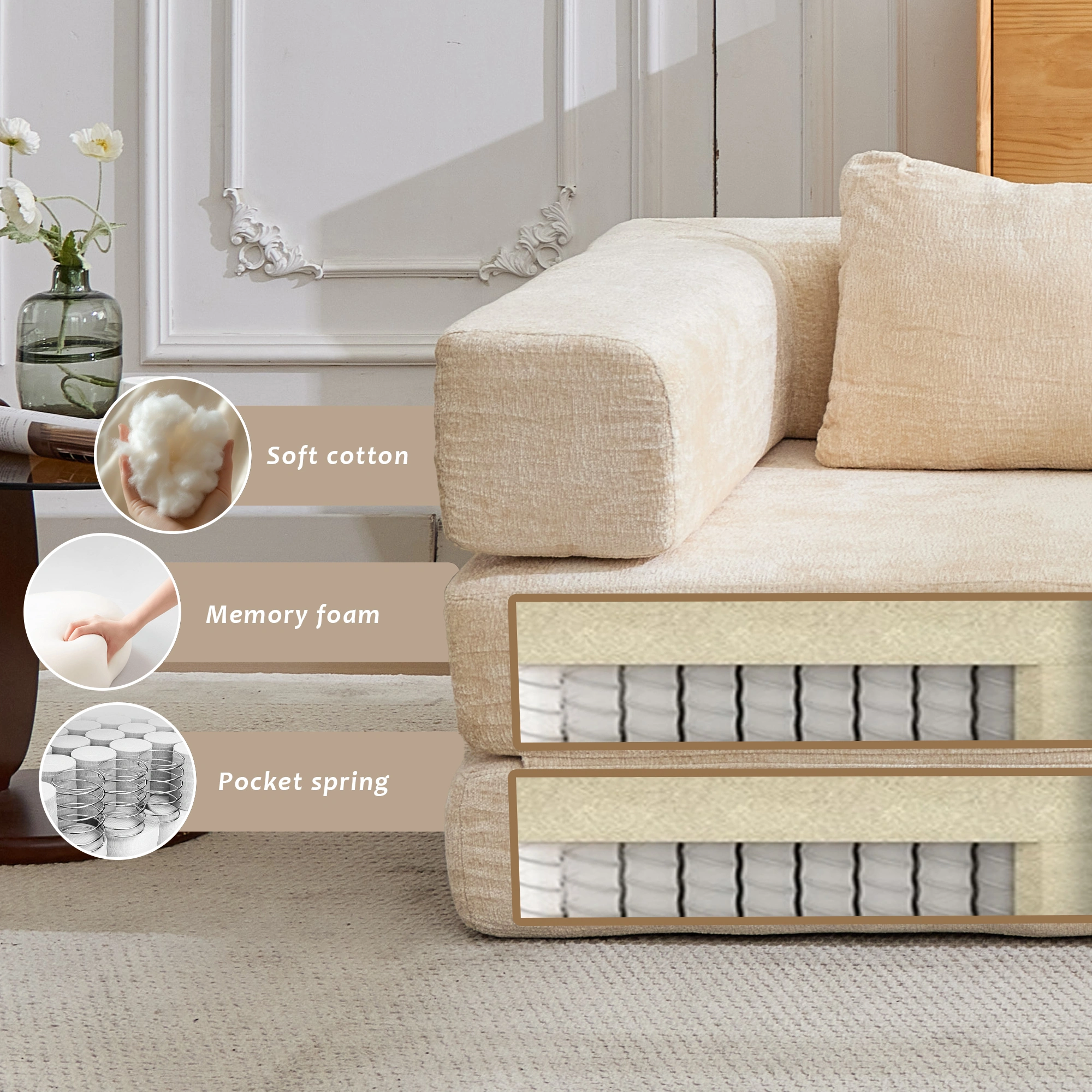 Compressible Floor Sofa Bed, Convertible Sectional with Fixed Frame, Boneless Modular Couch, Chenille Fabric, Beige, No Assembly, Living Room Bedroom view 5