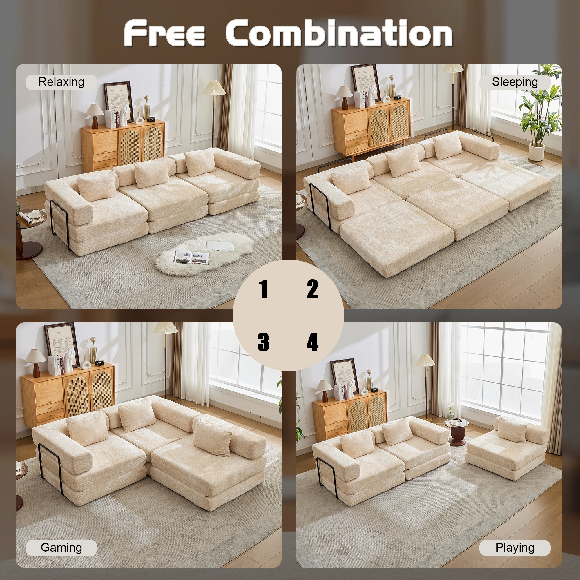 Compressible Floor Sofa Bed, Convertible Sectional with Fixed Frame, Boneless Modular Couch, Chenille Fabric, Beige, No Assembly, Living Room Bedroom view 8