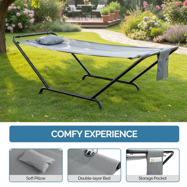 Freestanding Hammock with Stand, 600LBS Heavy Duty Outdoor Hammock Bed with Soft Pillow & Storage Bag, Grey view 5