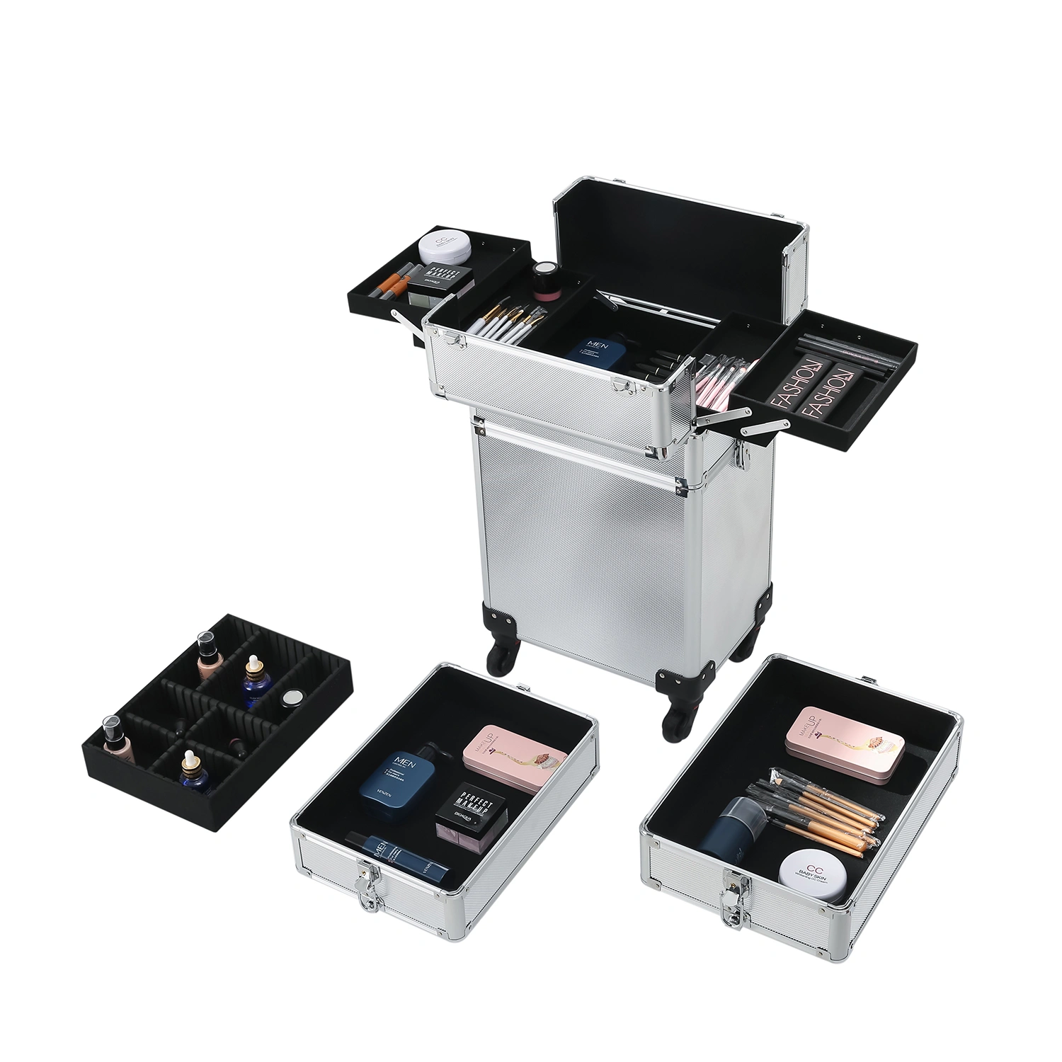 Silver Aluminum Rolling Makeup Case 4-in-1 Interchange view 13