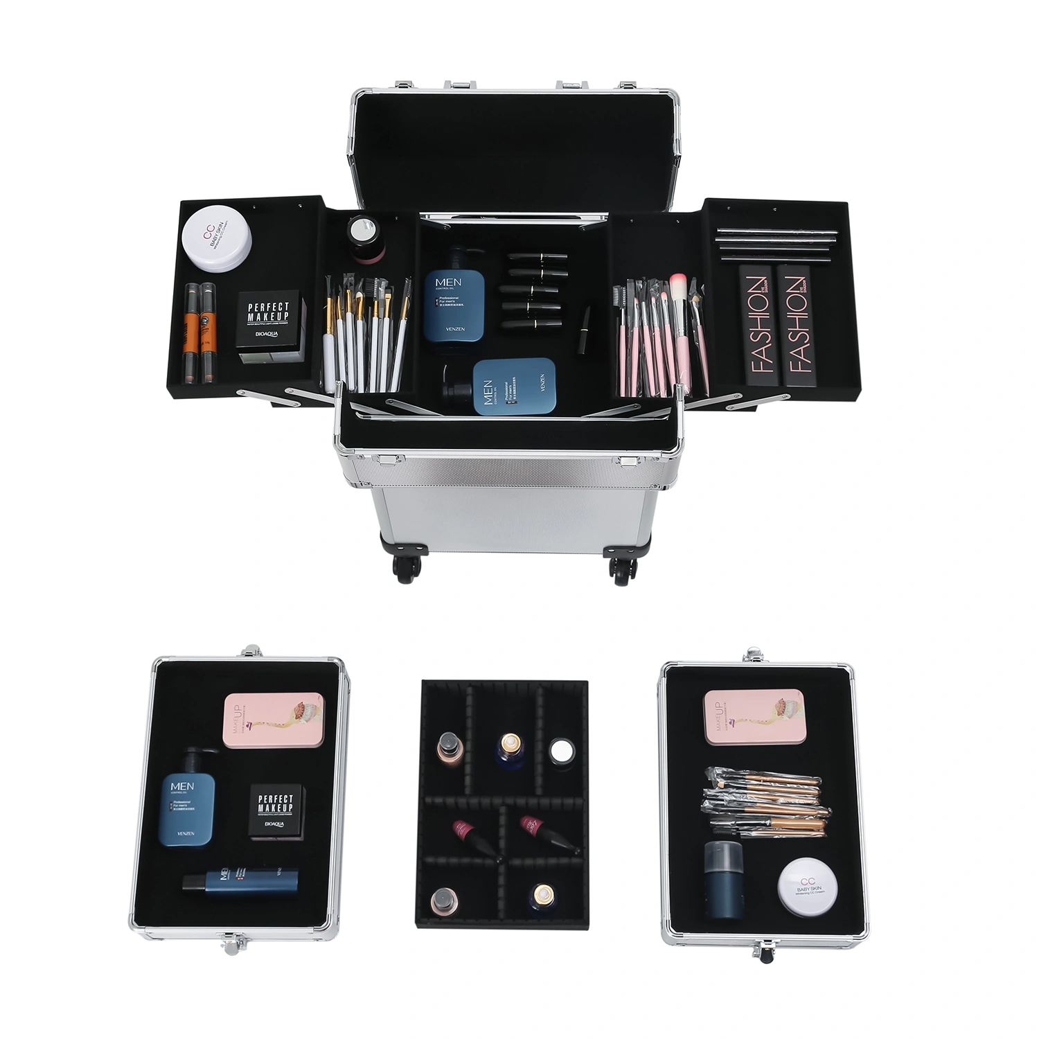 Silver Aluminum Rolling Makeup Case 4-in-1 Interchange view 16