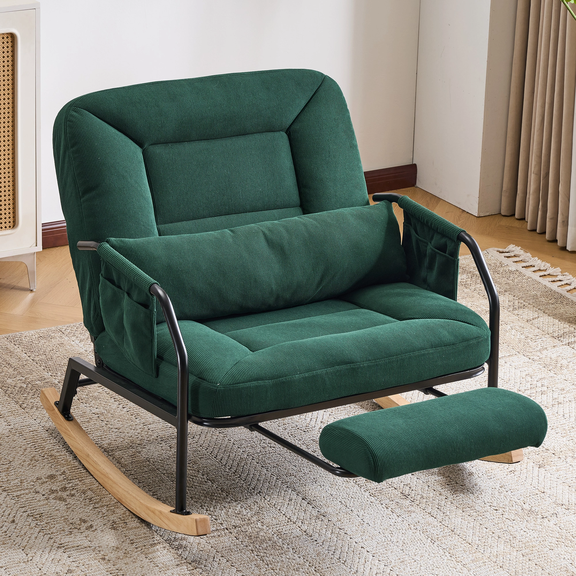 Oversized Rocking Chair Glider with Foot Rest, Padded Cushion Adjustable Backrest, Mental Wooden Farm Style for Indoor Outdoor Living Room Balcony, Corduroy, Green