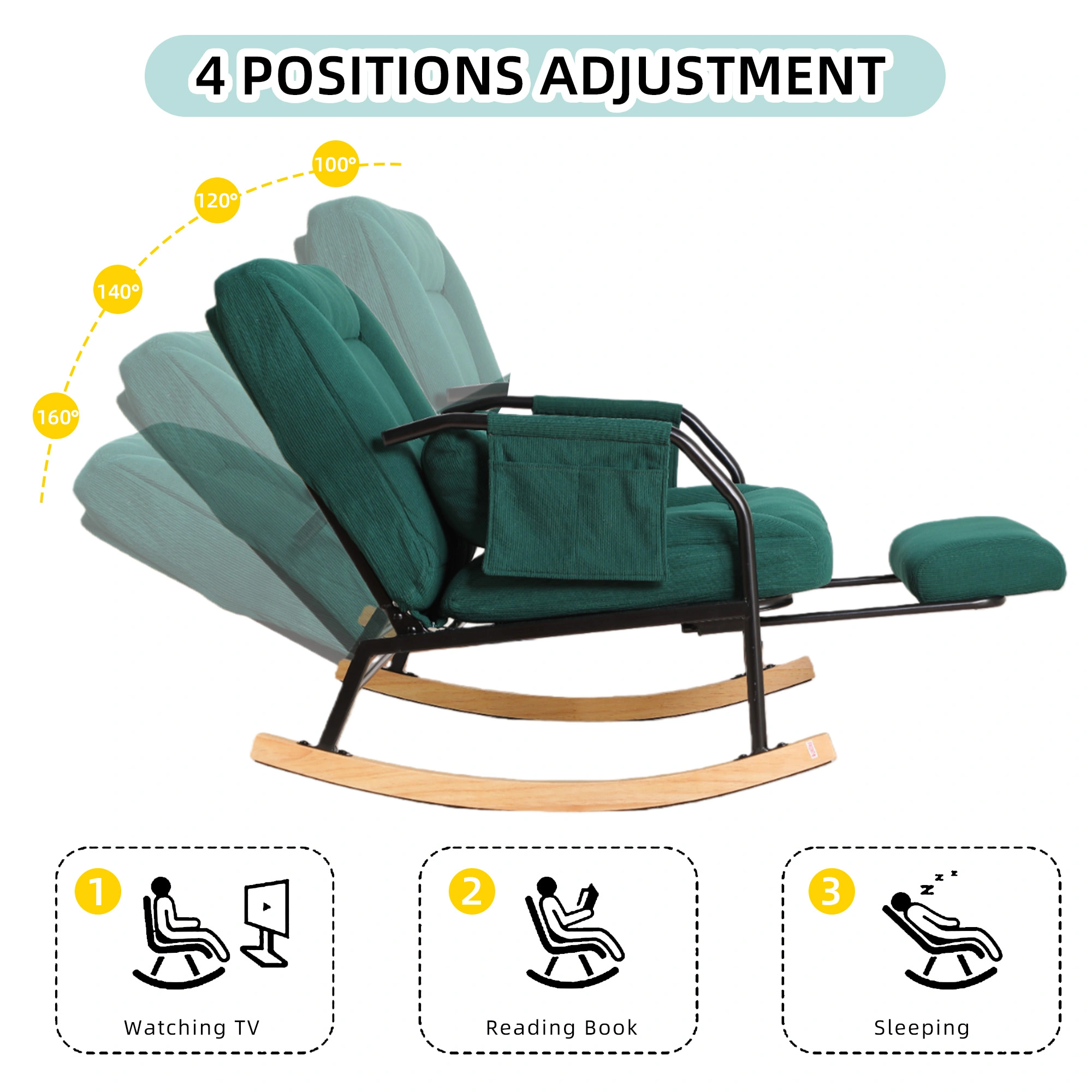 Oversized Rocking Chair Glider with Foot Rest, Padded Cushion Adjustable Backrest, Mental Wooden Farm Style for Indoor Outdoor Living Room Balcony, Corduroy, Green view 4