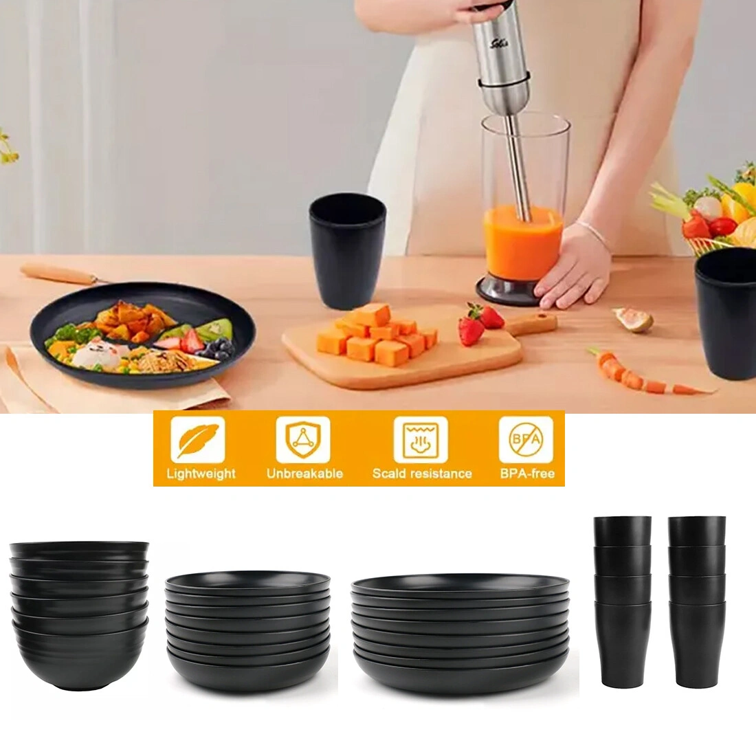 Black PP Round Dinnerware Set 32PCS Tableware Bowls Plates for Home Party UK Dining