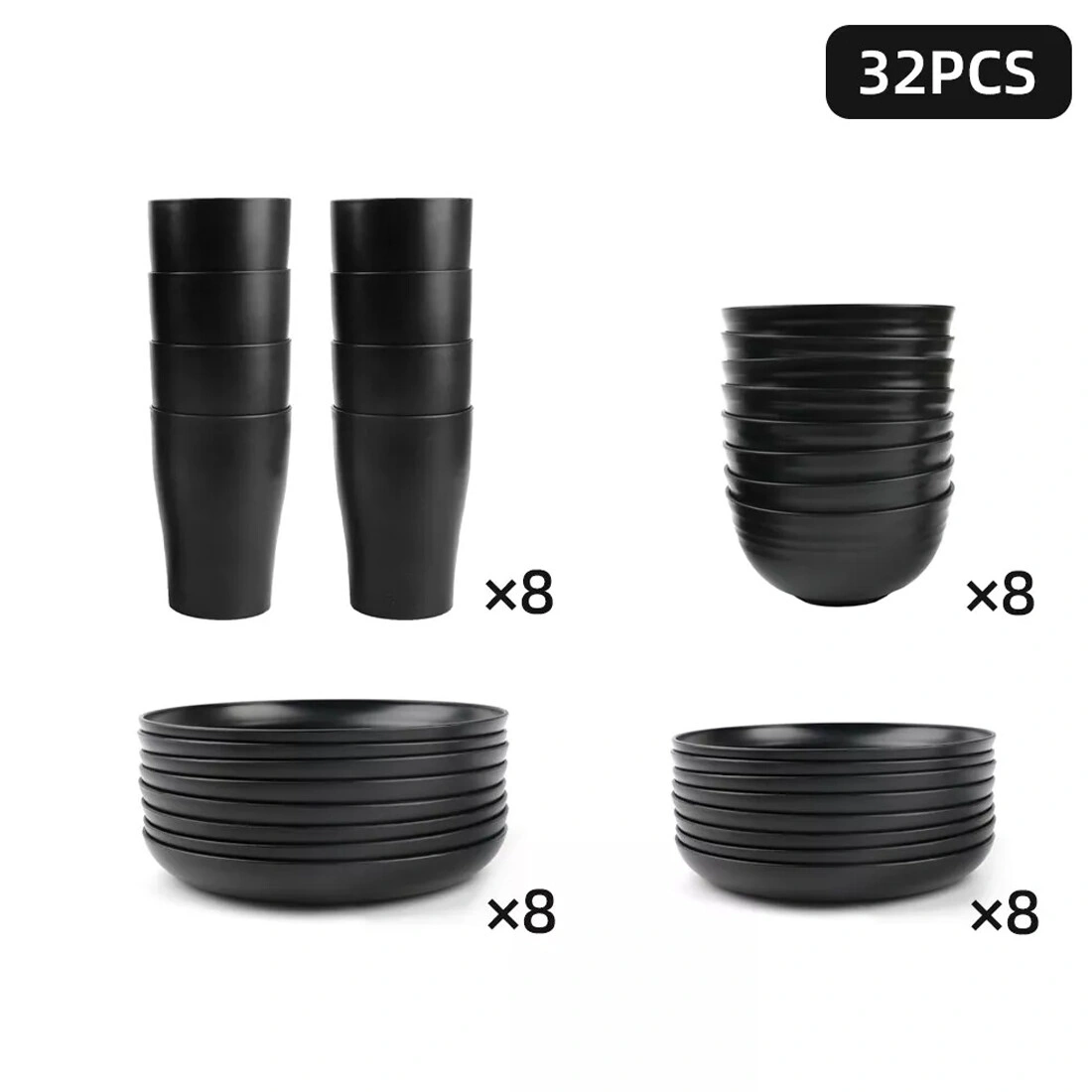 Black PP Round Dinnerware Set 32PCS Tableware Bowls Plates for Home Party UK Dining view 4