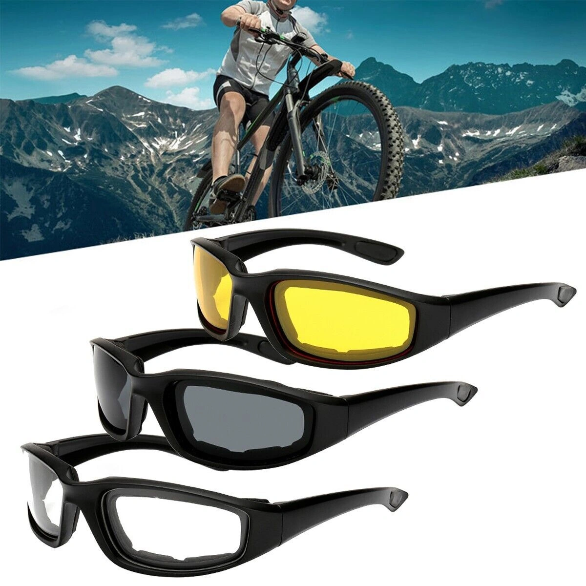 3 Pairs Motorcycle Riding Glasses Windproof Safety Goggles with Gray Clear Yellow Lenses for Cycling Biking Sports