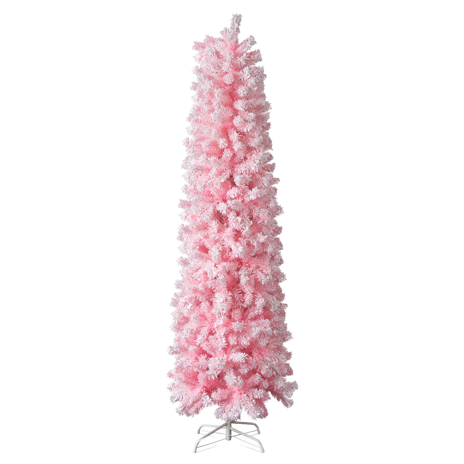 5FT Snow Flocked Hinged Christmas Tree, Artificial Pencil Pine Tree, 641 Branch Tips w/Sturdy Stand, Pink Unlit