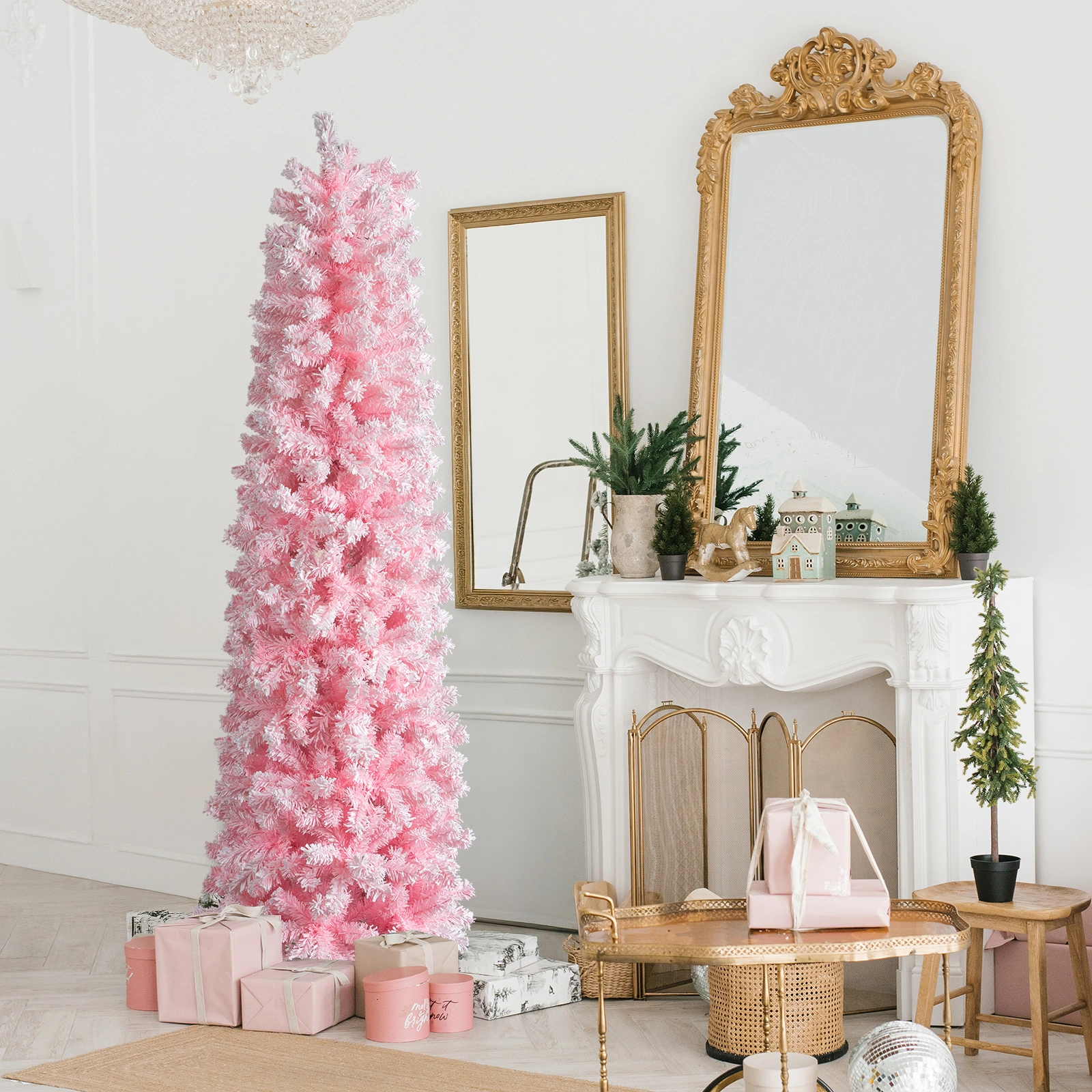 5FT Snow Flocked Hinged Christmas Tree, Artificial Pencil Pine Tree, 641 Branch Tips w/Sturdy Stand, Pink Unlit view 10