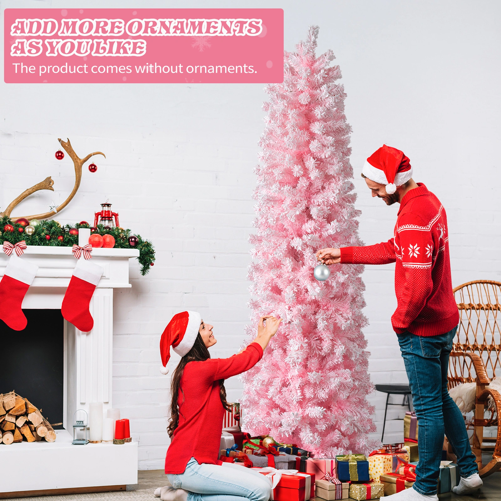 5FT Snow Flocked Hinged Christmas Tree, Artificial Pencil Pine Tree, 641 Branch Tips w/Sturdy Stand, Pink Unlit view 11