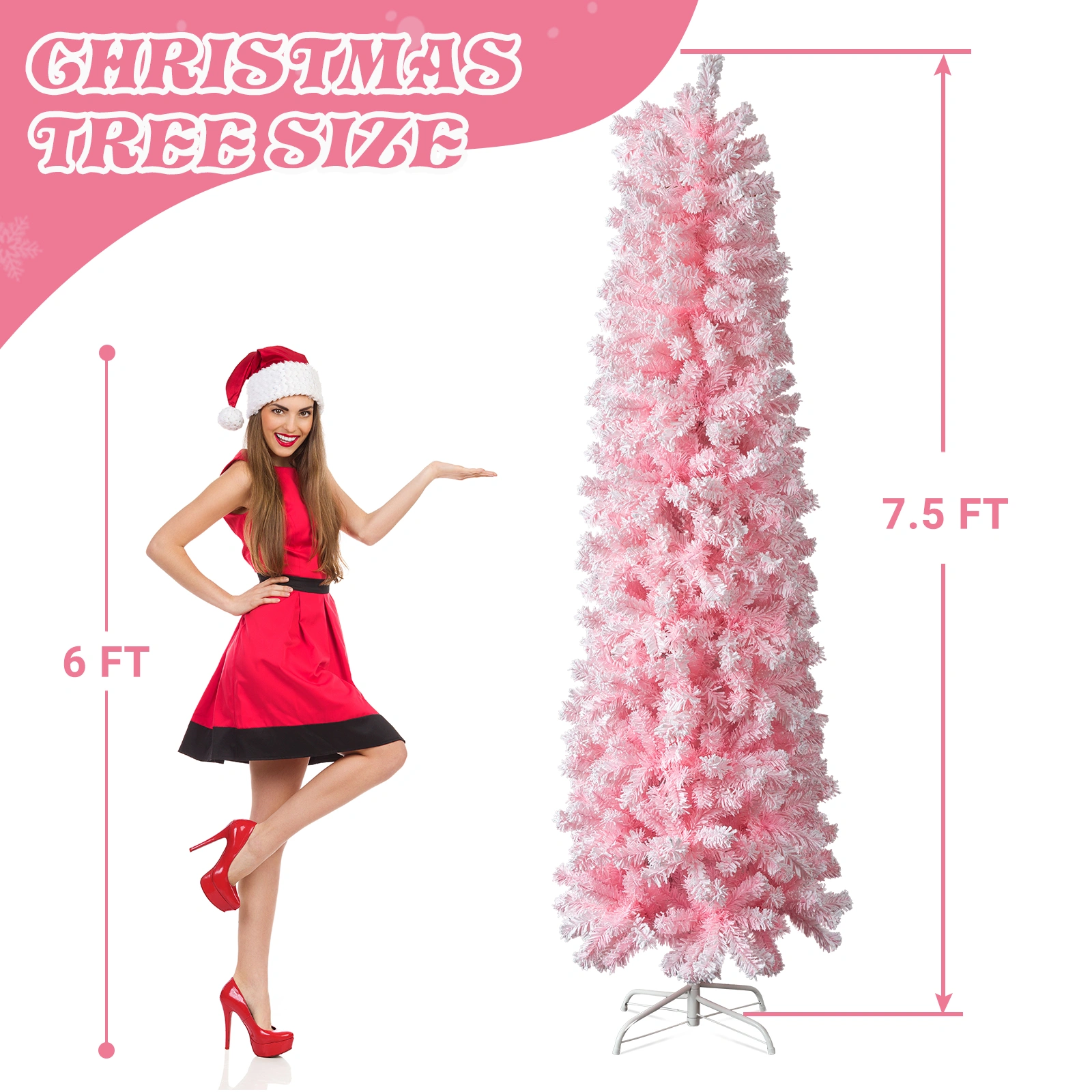 5FT Snow Flocked Hinged Christmas Tree, Artificial Pencil Pine Tree, 641 Branch Tips w/Sturdy Stand, Pink Unlit view 2