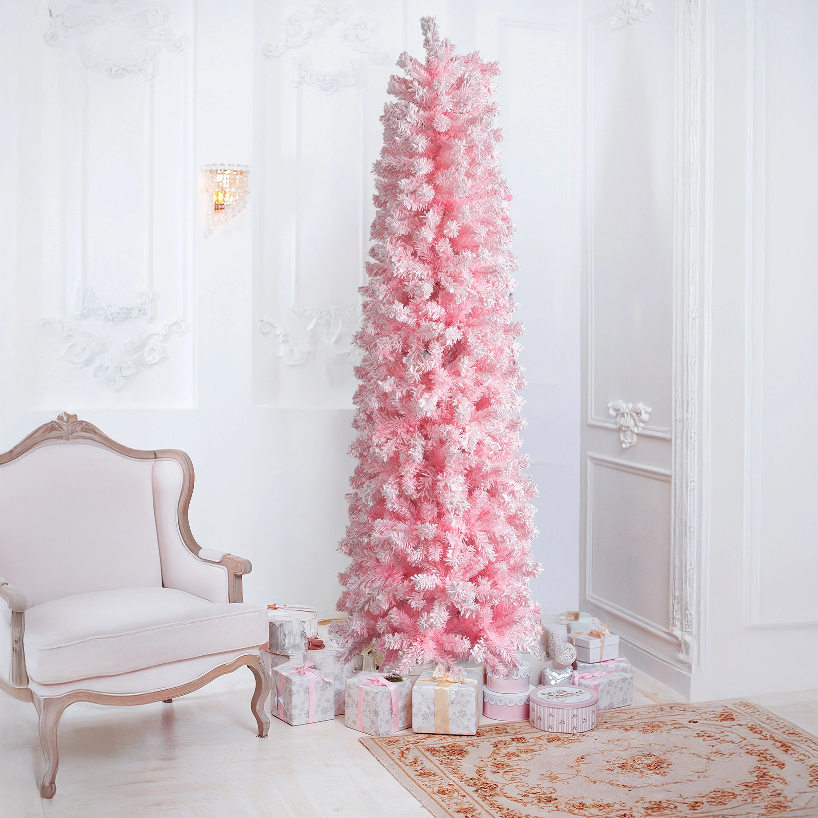 5FT Snow Flocked Hinged Christmas Tree, Artificial Pencil Pine Tree, 641 Branch Tips w/Sturdy Stand, Pink Unlit view 4