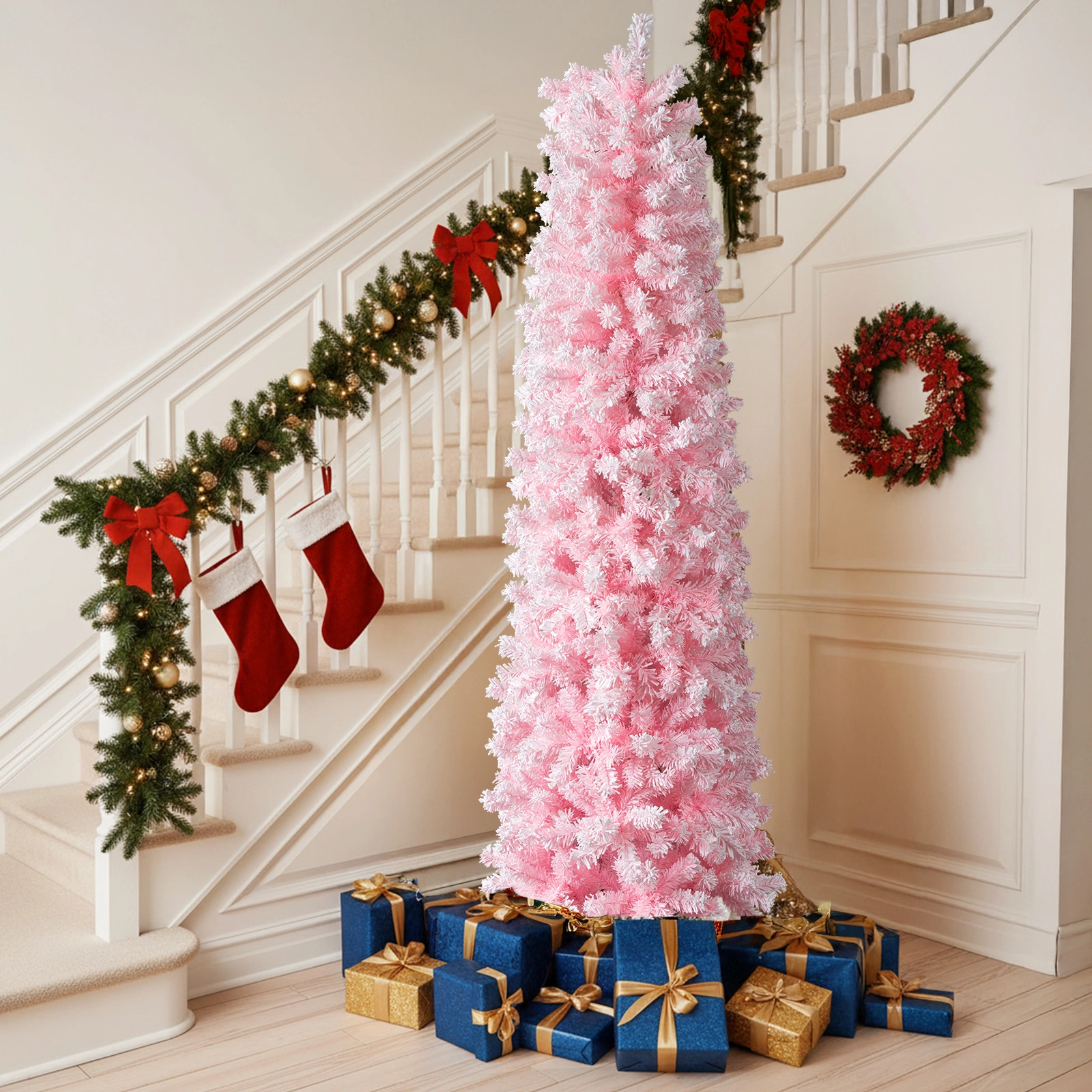 5FT Snow Flocked Hinged Christmas Tree, Artificial Pencil Pine Tree, 641 Branch Tips w/Sturdy Stand, Pink Unlit view 9
