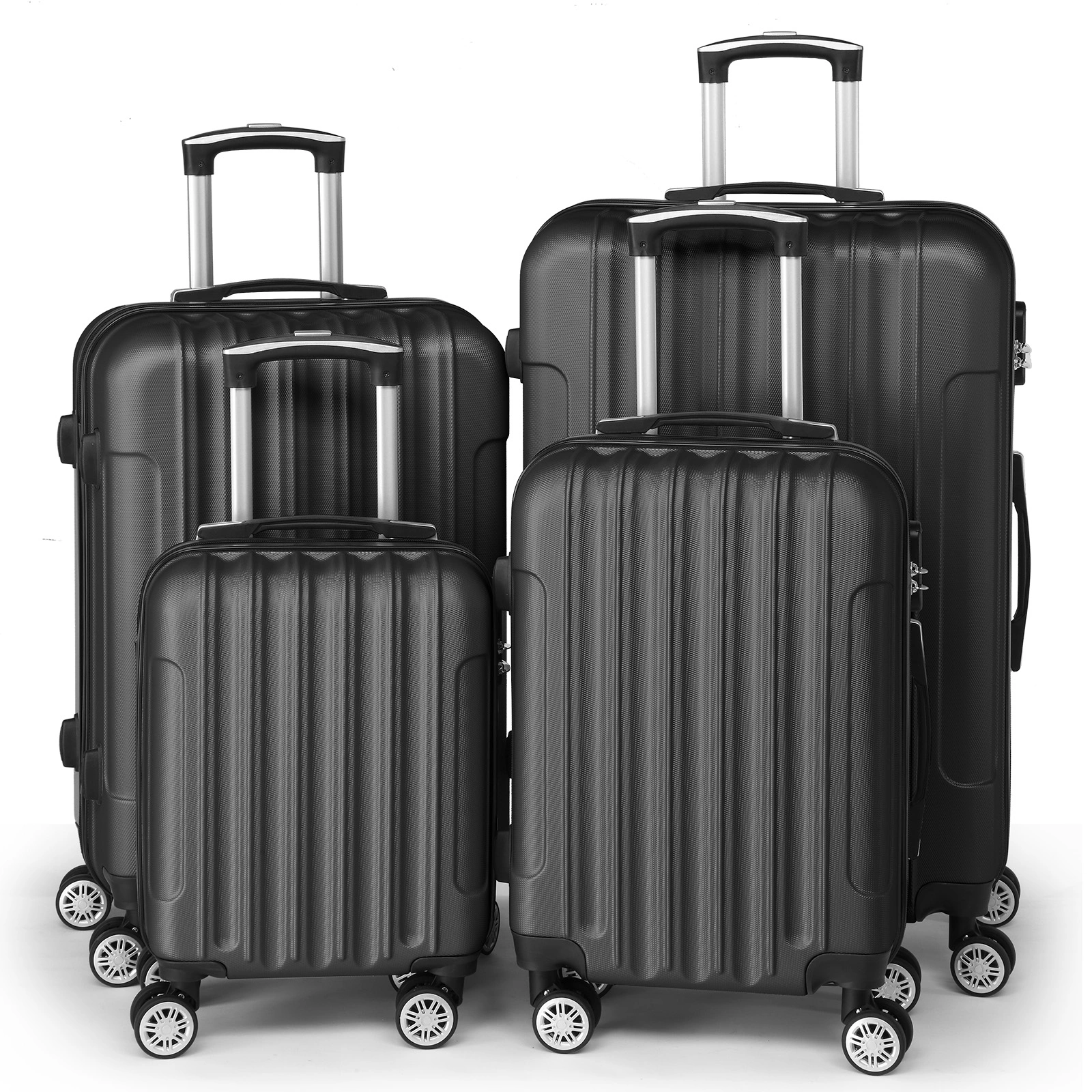 4-Piece ABS Luggage Set Vertical Stripe Spinner Suitcases 16/20/24/28 Inch, Steel Telescopic Handle, Classic Black Hard Shell Travel Bags