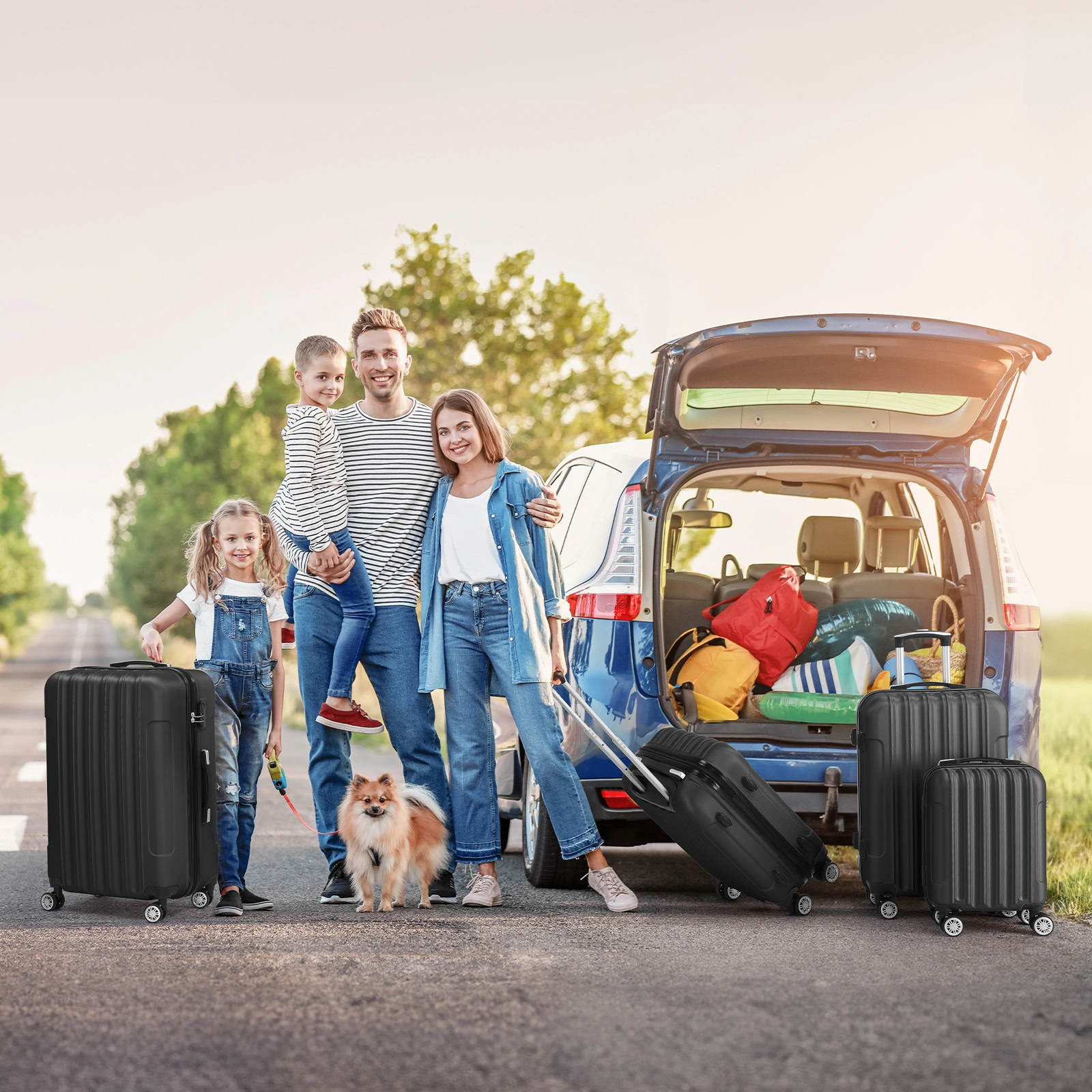 4-Piece ABS Luggage Set Vertical Stripe Spinner Suitcases 16/20/24/28 Inch, Steel Telescopic Handle, Classic Black Hard Shell Travel Bags view 2