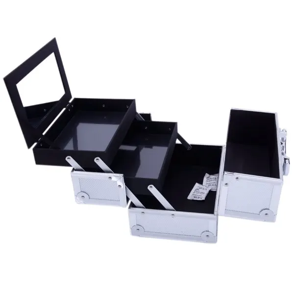 SM-2176 Aluminum Makeup Train Case Jewelry Box Cosmetic Organizer with Mirror 9"x6"x6" Silver view 6
