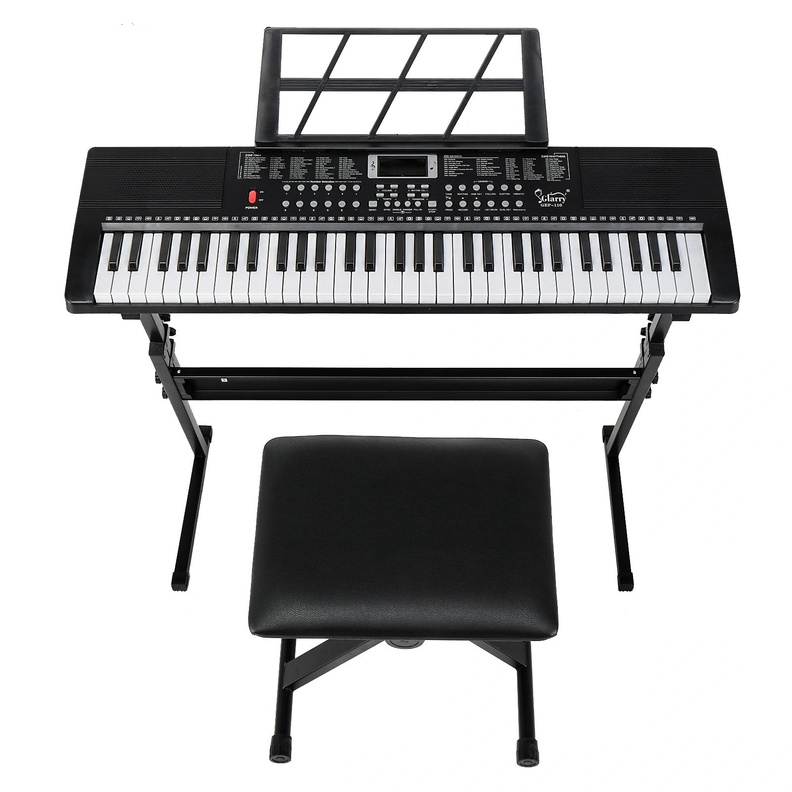GEP-110 61 Key Keyboard with Piano Stand, Piano Bench, Built In Speakers, Headphone, Microphone, Music Rest, LED Screen, 3 Teaching Modes for Beginners